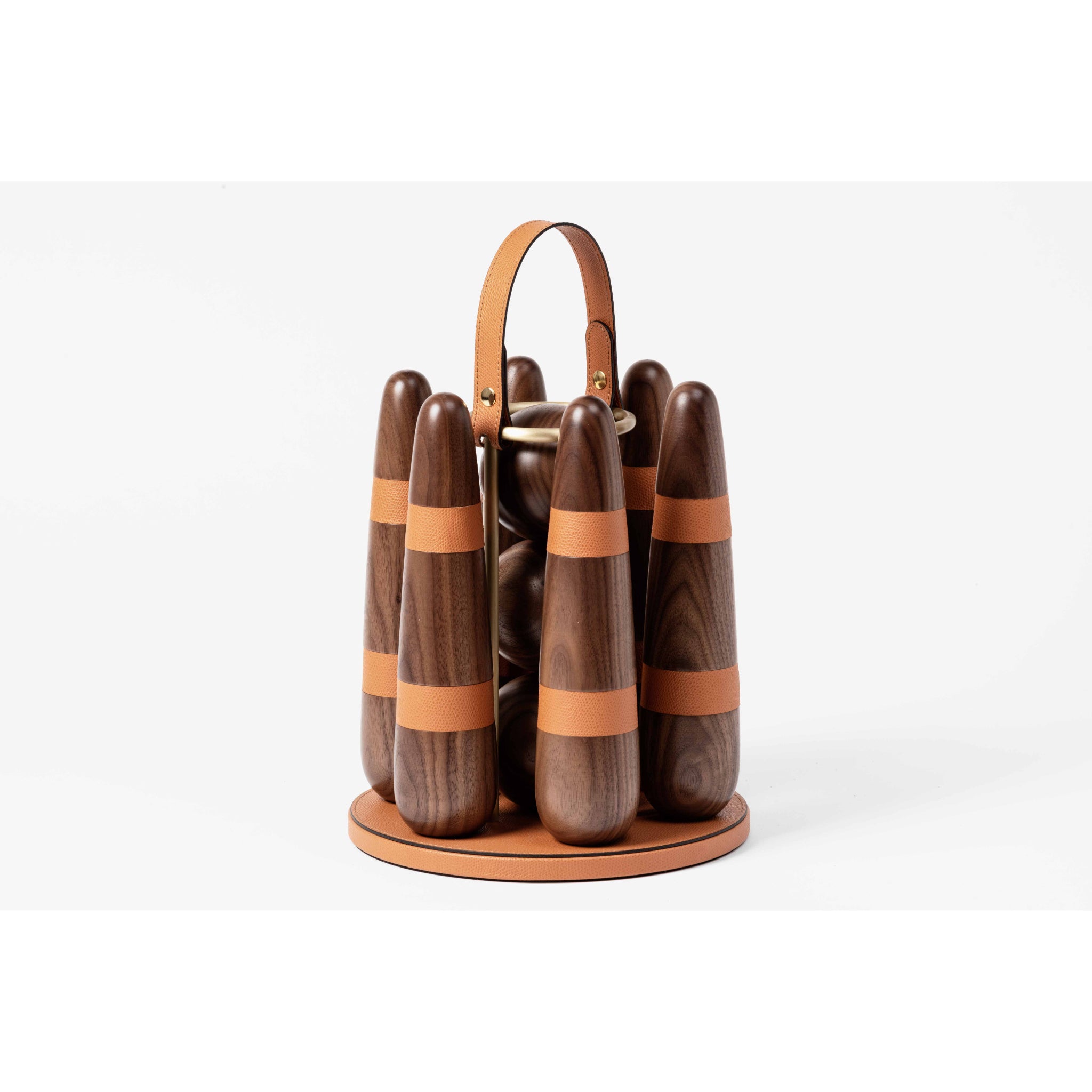 Italian handcrafted wooden lawn bowling set with leather and brass accents