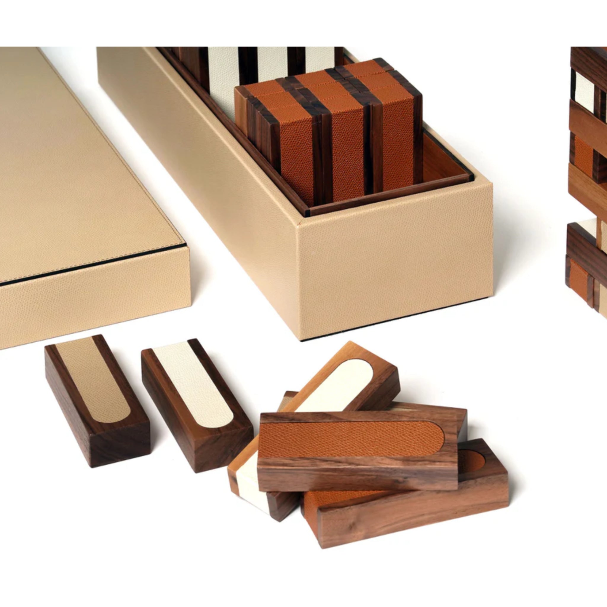 Pisa Tower Game Set in Italian Leather & Walnut Wood | Pinetti Collection - Pisa Tower Game - Pinetti