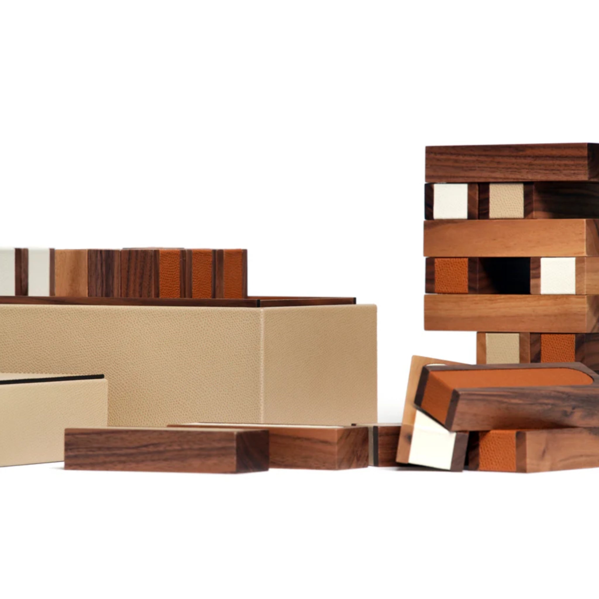 Pisa Tower Game Set in Italian Leather & Walnut Wood | Pinetti Collection - Pisa Tower Game - Pinetti