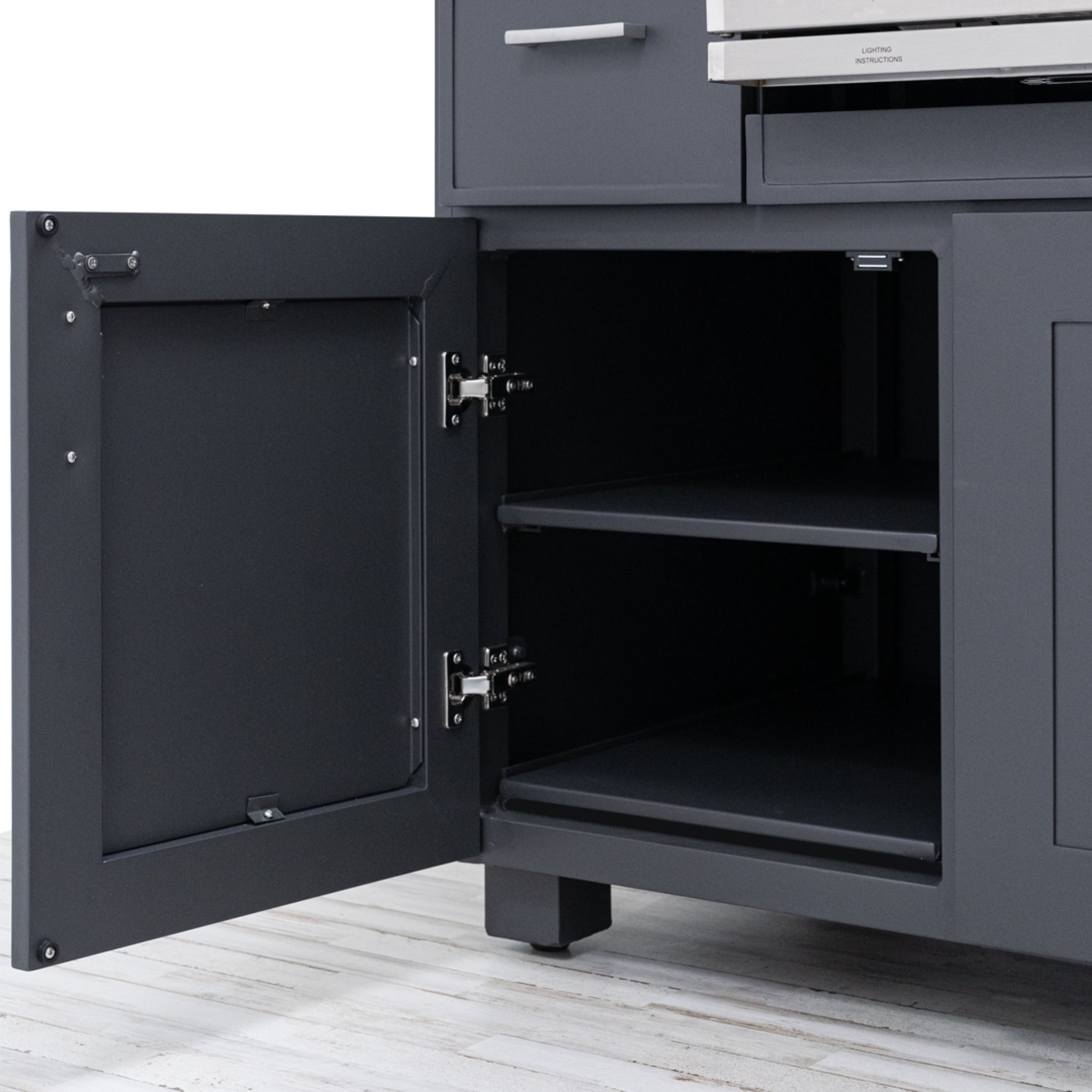 Modano 67" Outdoor Kitchen Island with Pacifica 39" Grill with Timer by PGS Grills under cabinet storage