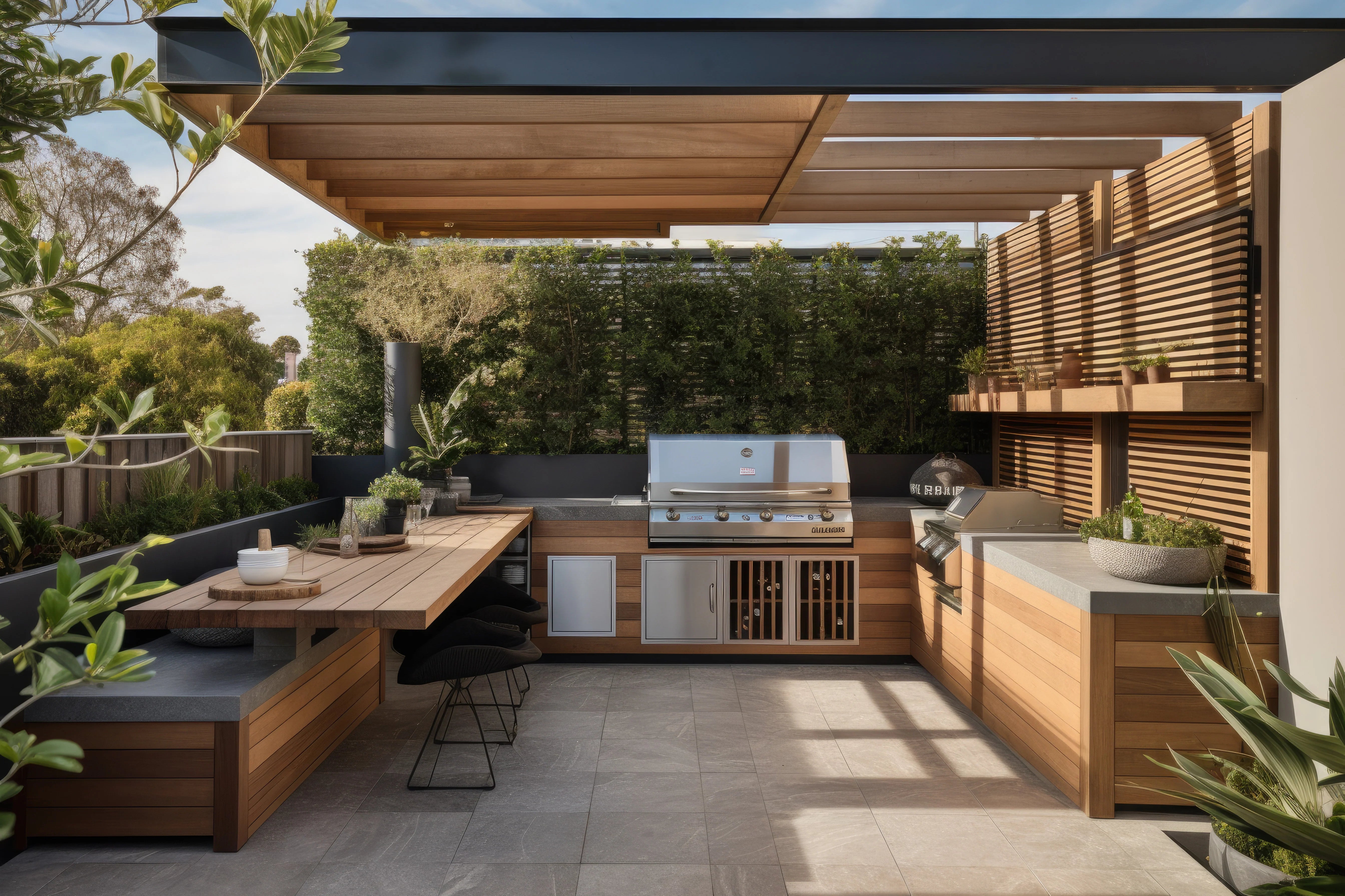 Modern outdoor kitchen with grill and dining area in a backyard setting