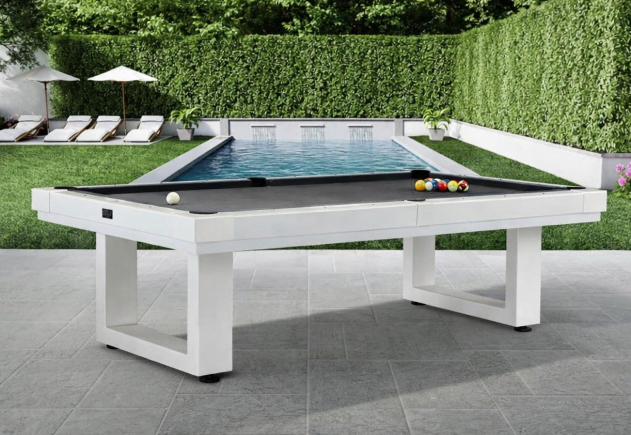 Lanai outdoor pool table 8' in backyard of hospitality space