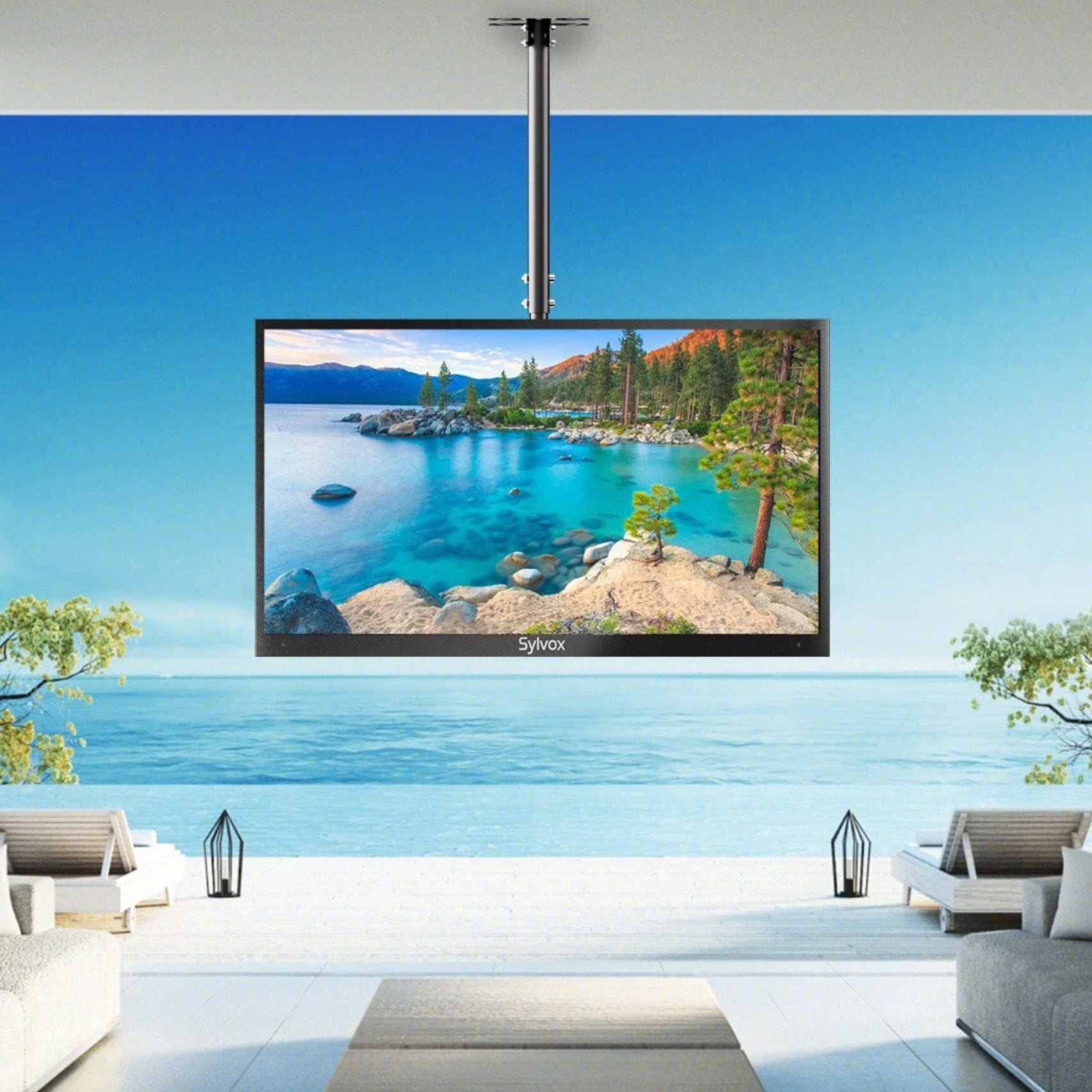 Outdoor patio Sylvox TV with ceiling mount attached