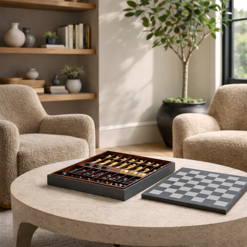 Chess and Checker Set in Italian Leather, Brass and Pearl | Pinetti Collection styled on coffee table of luxury STR