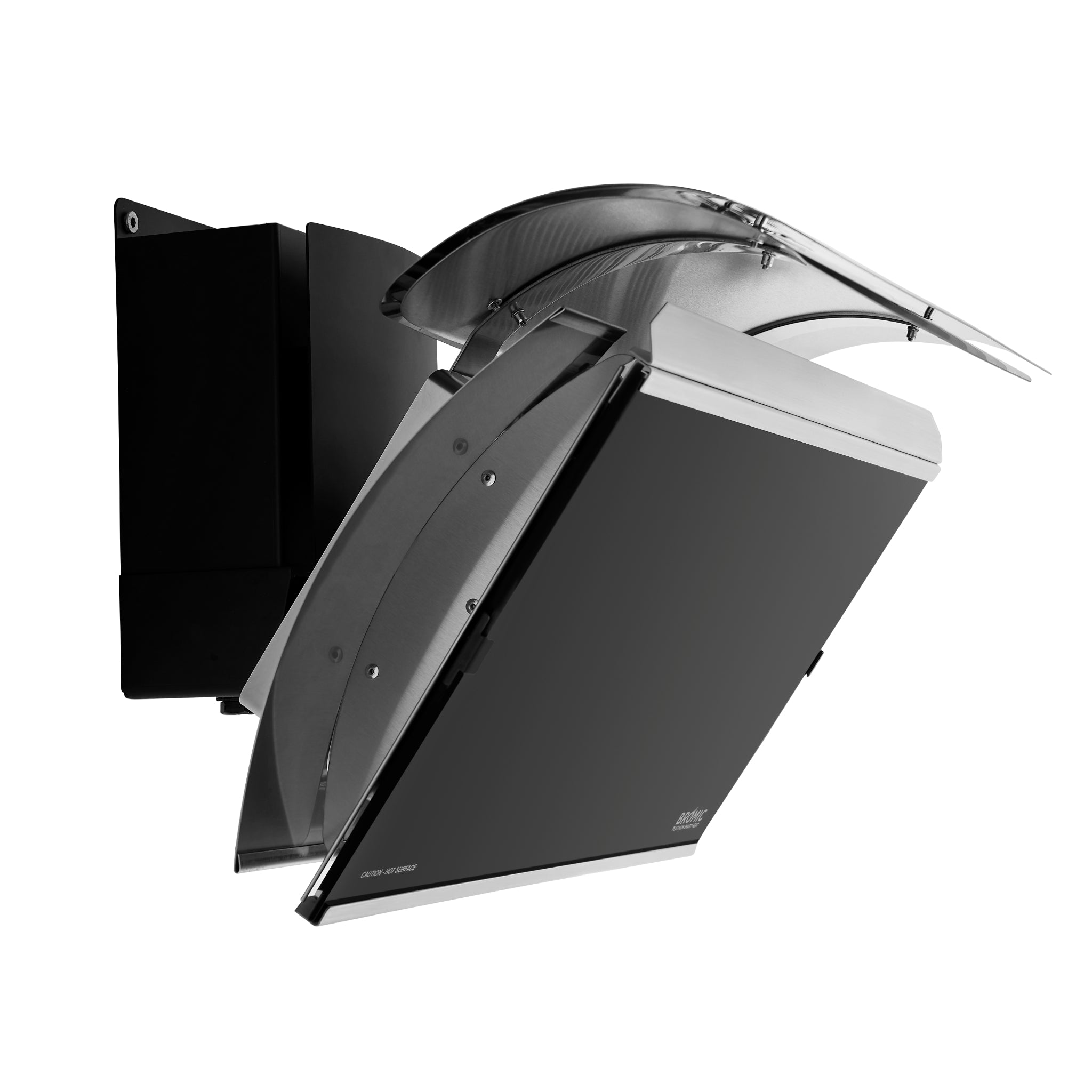 Side profile of Bromic Platinum Smart-Heat gas heater close-up showing wall-mounted stainless steel construction and heat shield