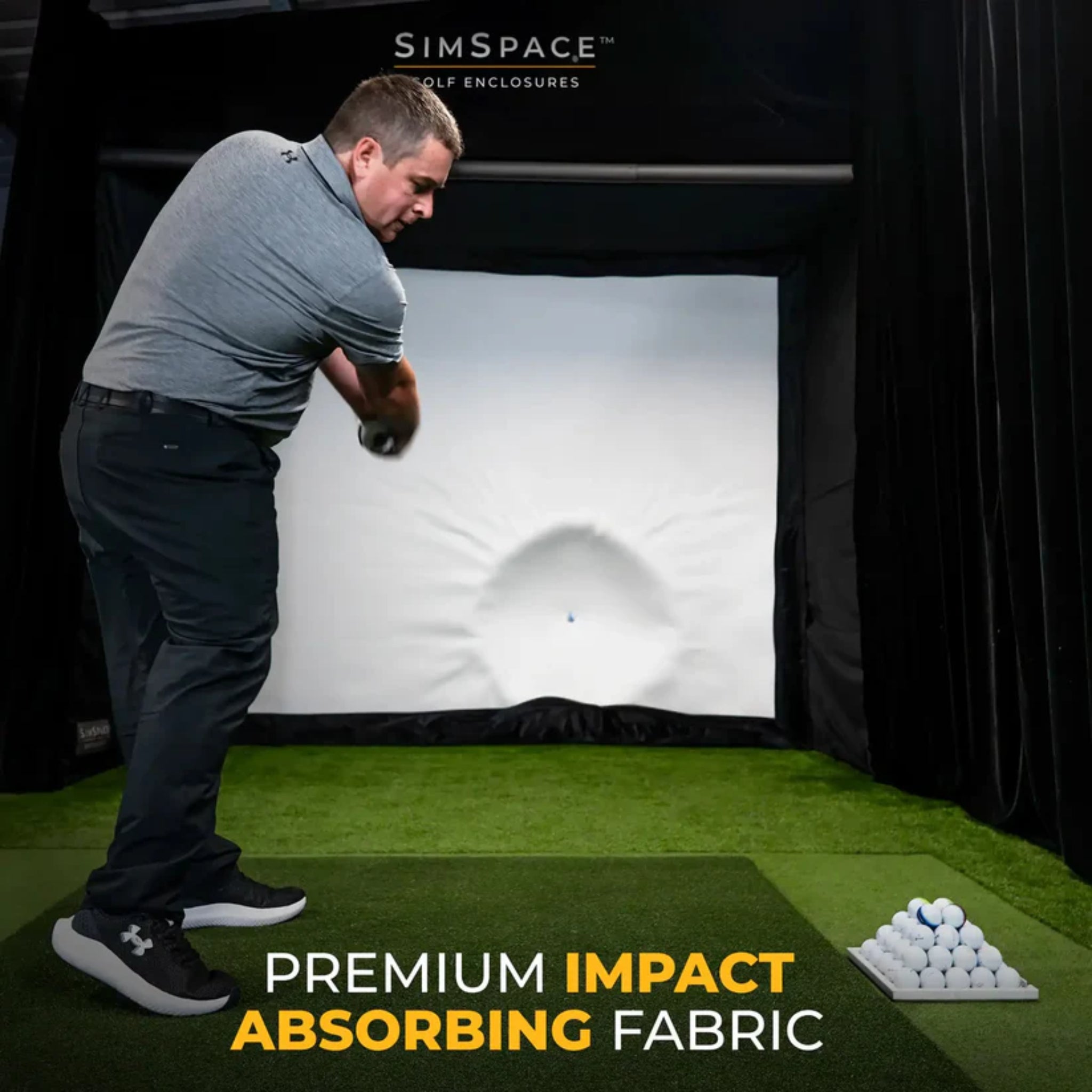 SimSpace Platinum 3-layer golf simulator impact screen engineered for repeated golf ball impacts