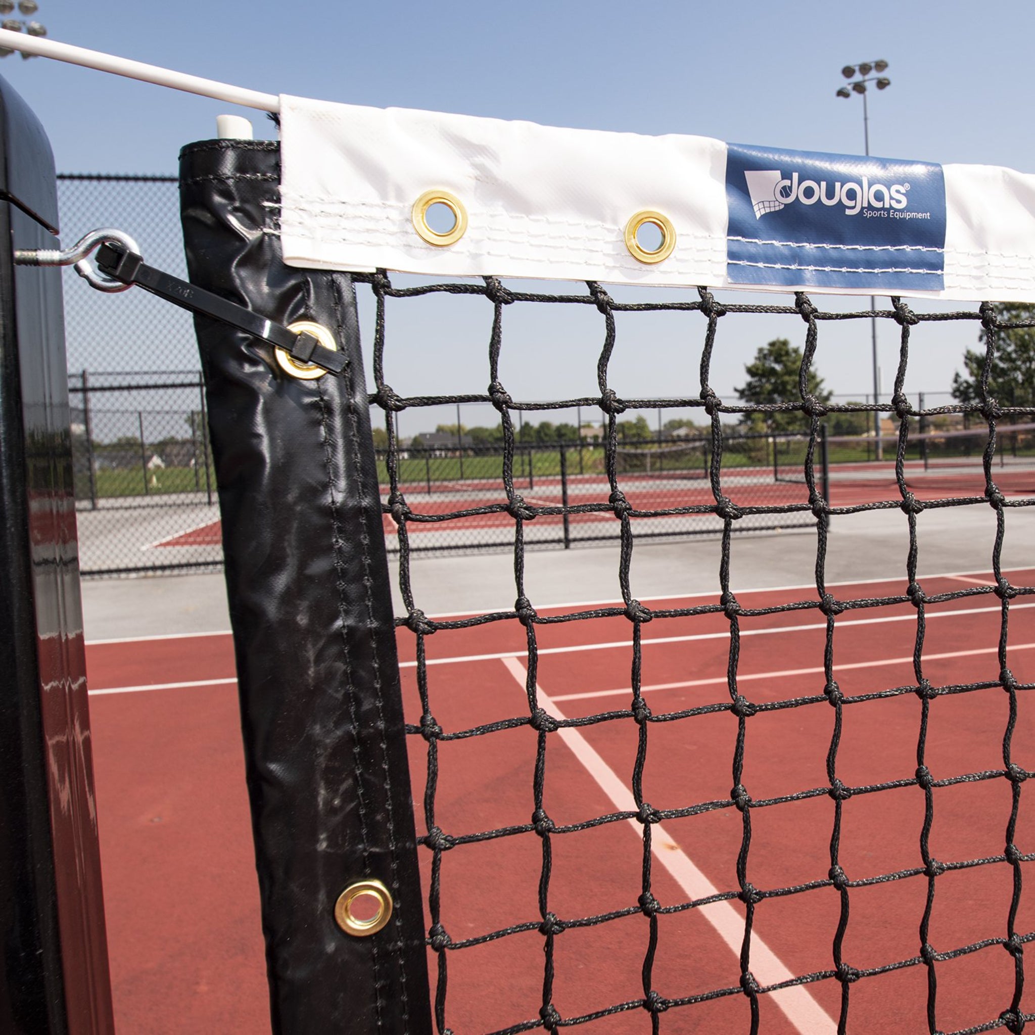 Close up of commercial-grade Douglas pickleball net system for clubs, parks, and resorts
