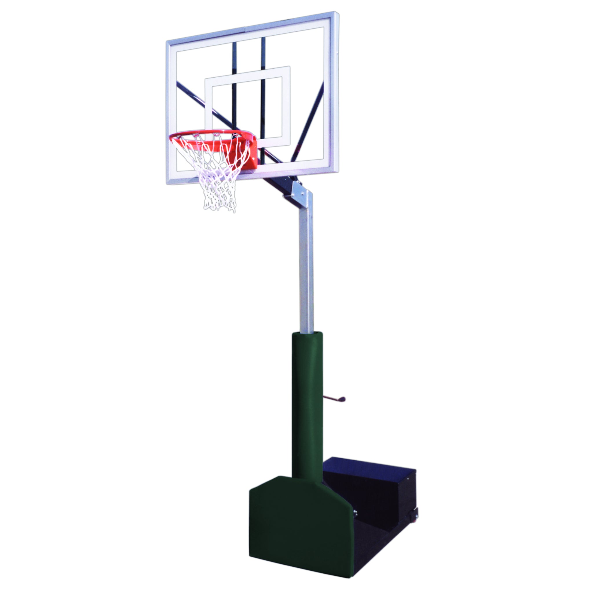 Rampage portable basketball goal showing 54 inch acrylic backboard and heavy-duty base by First Team