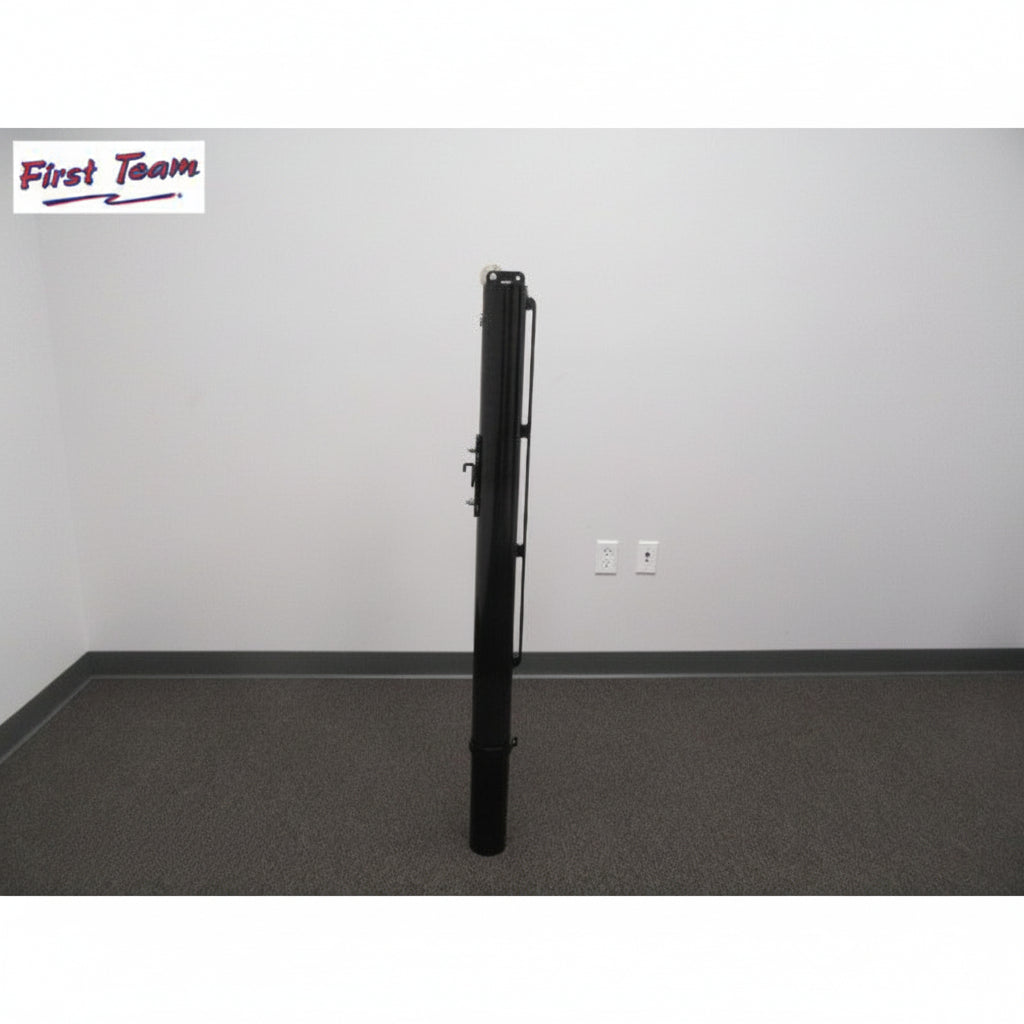 Commercial tennis net posts with PVC sleeve and hinged socket installation options