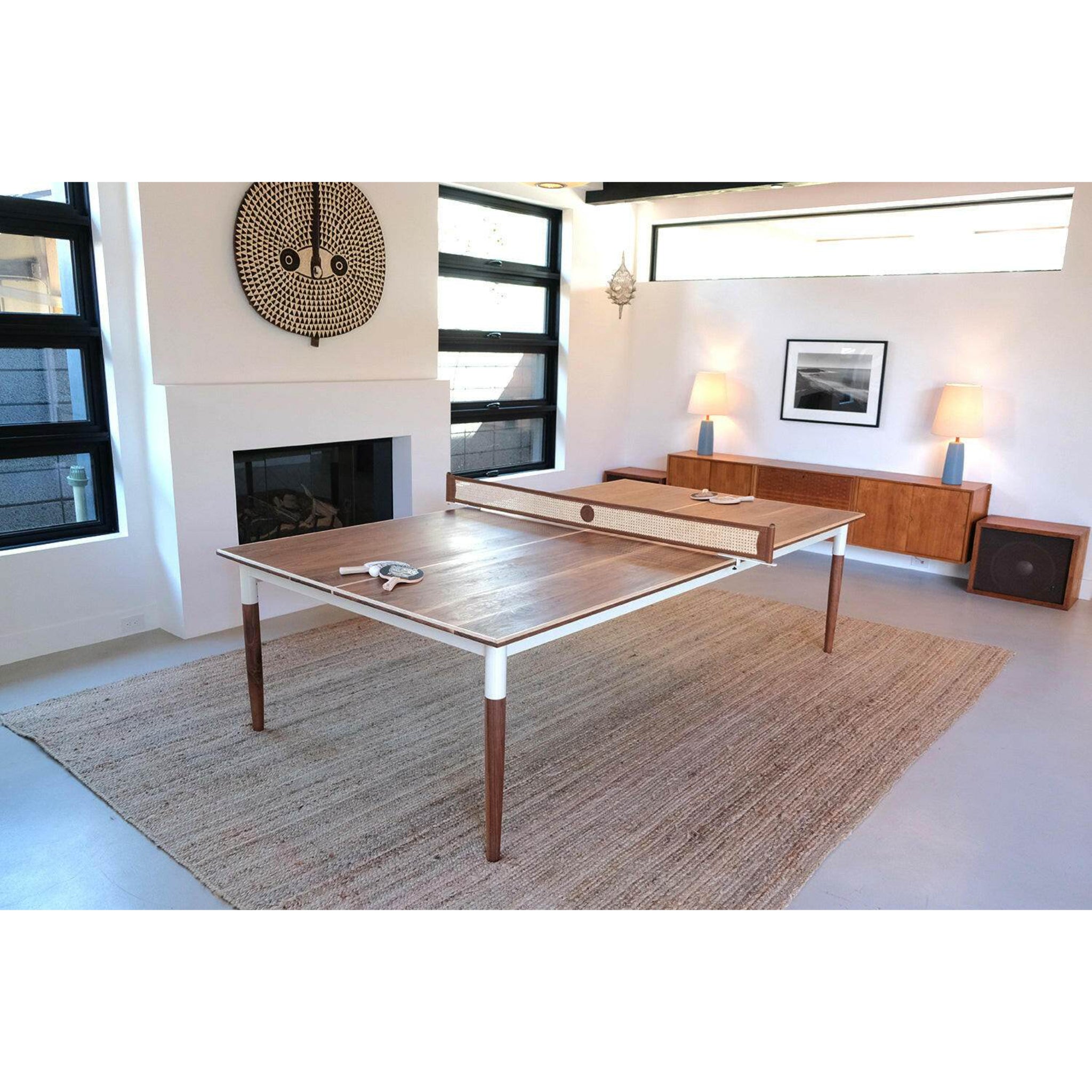 Luxury mid-century ping pong table with leather and cane net detail