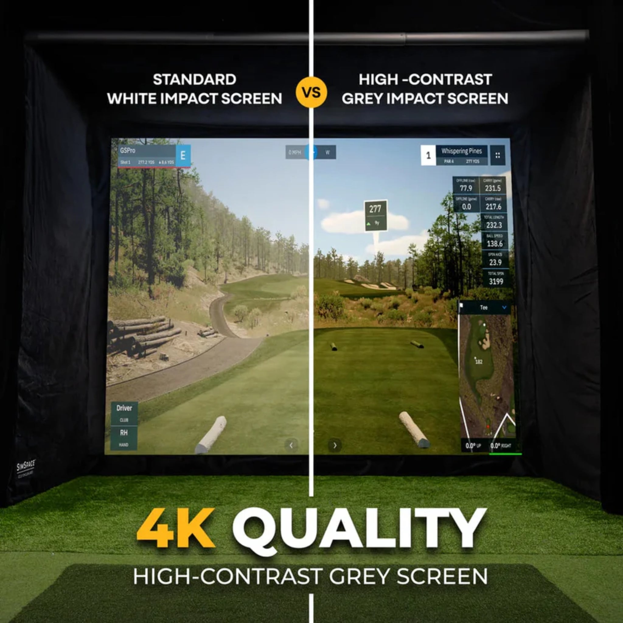 SimSpace UltraMAX grey impact screen comparison showing enhanced contrast and vibrant 4K golf simulator projection