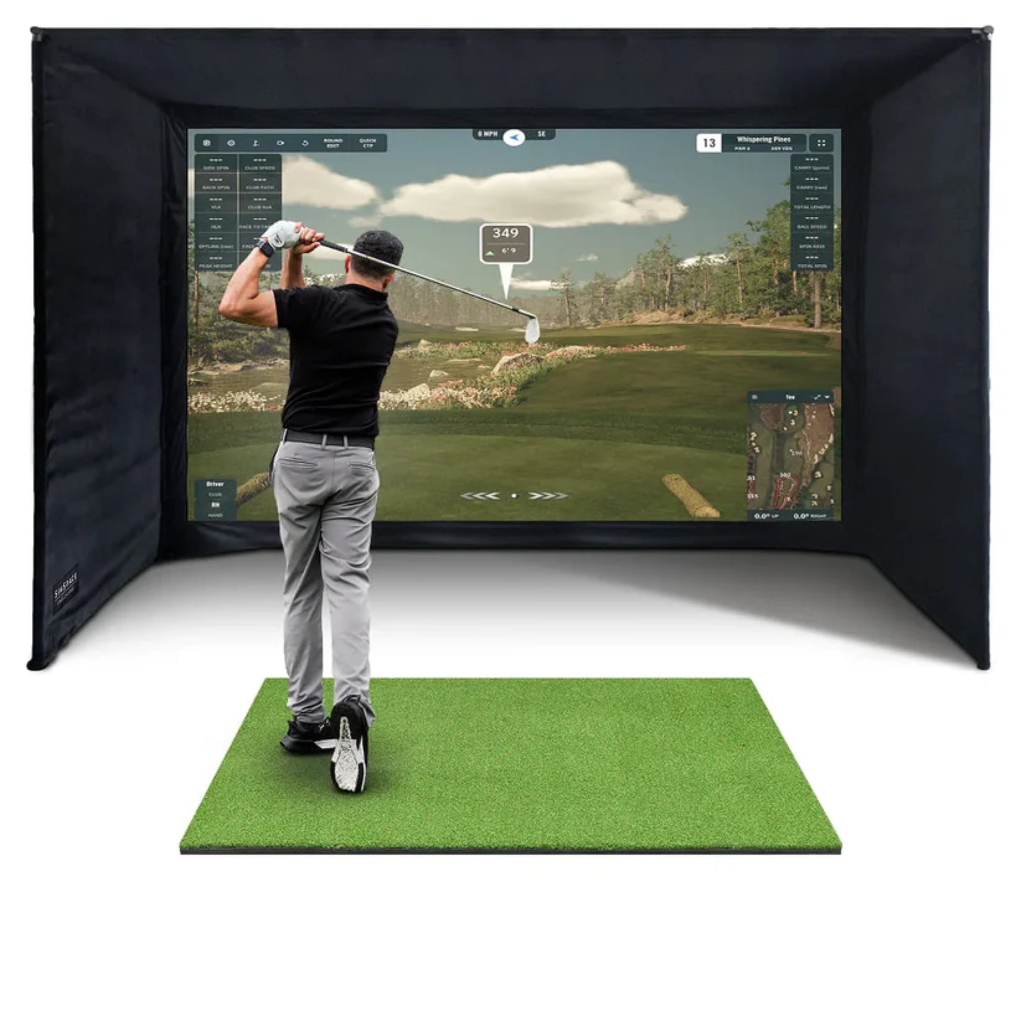 SimSpace Elite golf simulator enclosure with premium white impact screen for indoor home golf simulator installation