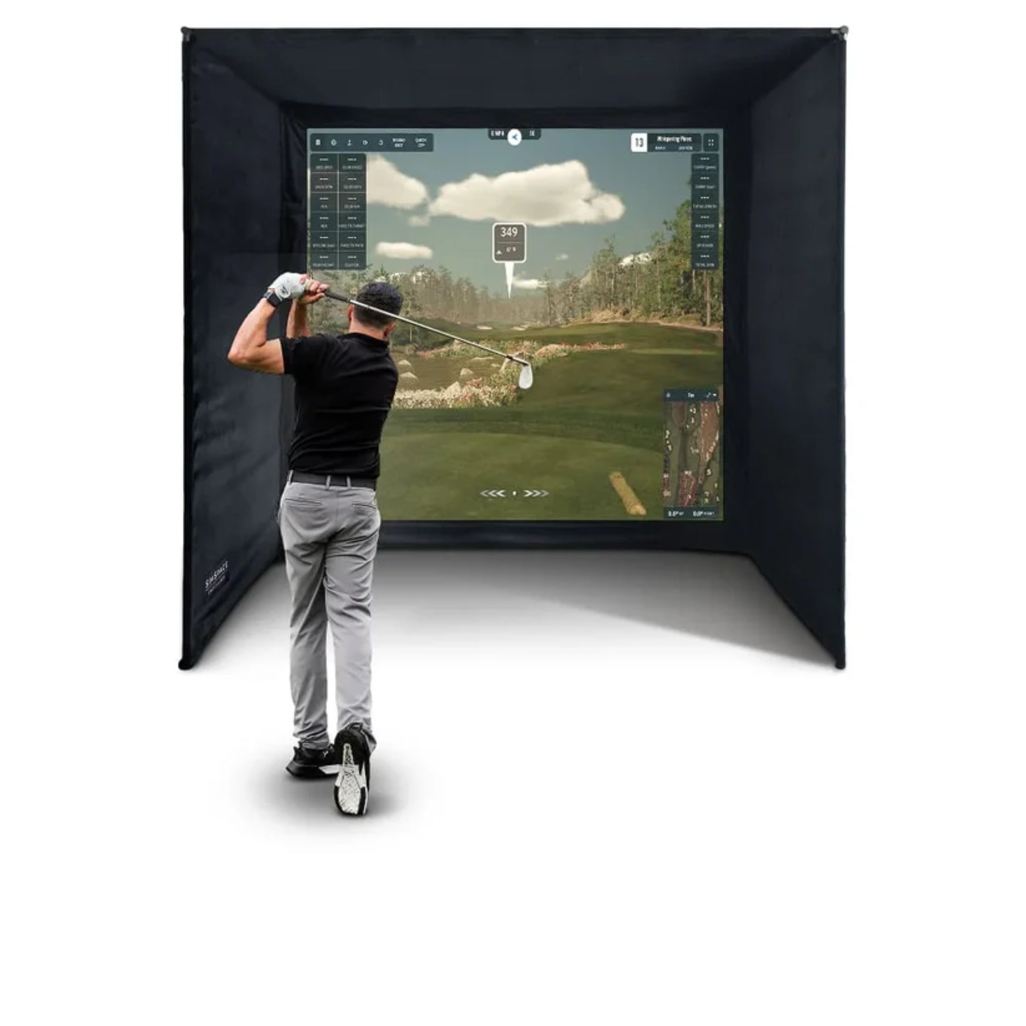 SimSpace Elite golf enclosure SIM 1 with 1:1 impact screen for compact indoor golf simulator rooms