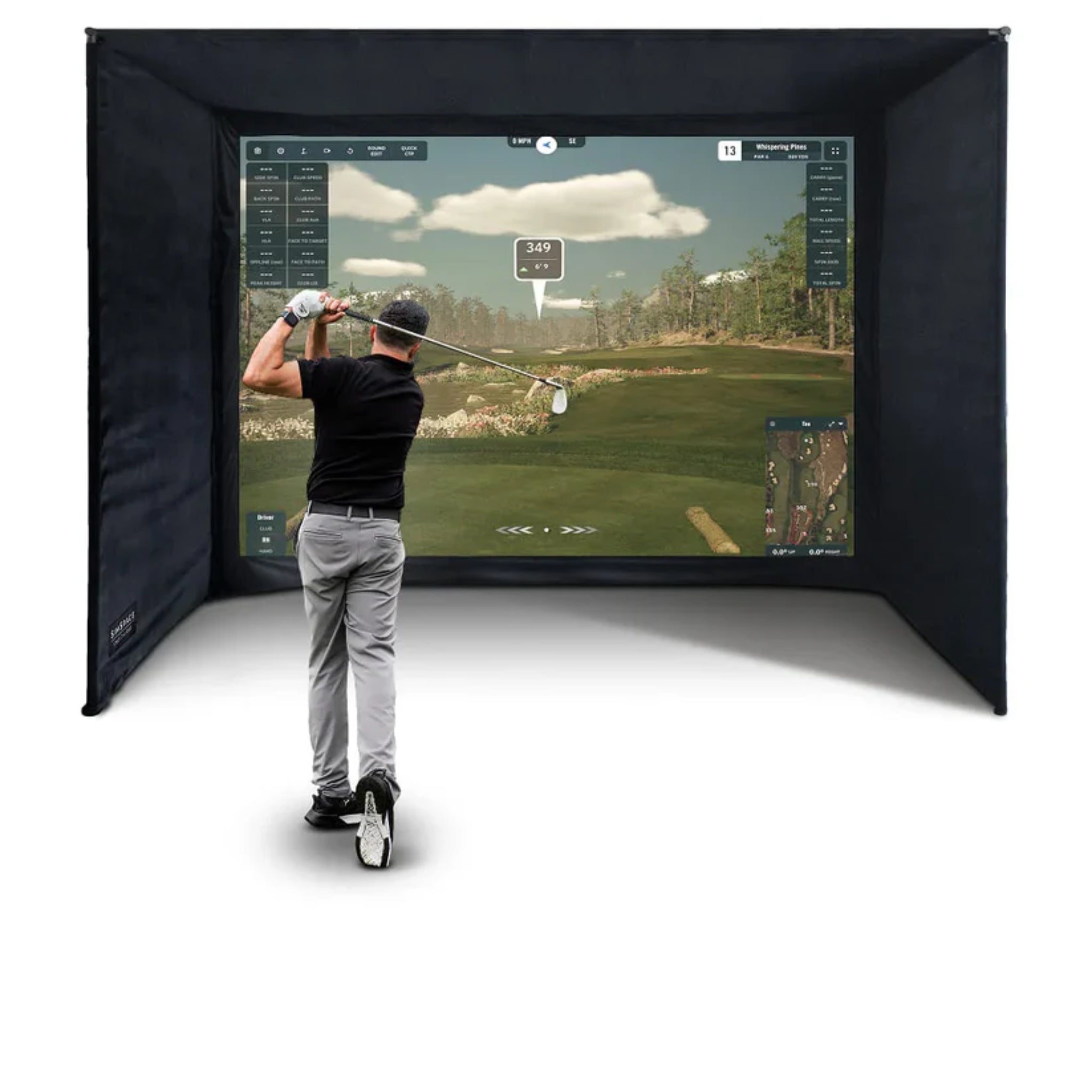 SimSpace Elite golf enclosure SIM 3 with wide 4:3 golf simulator impact screen and black velour enclosure