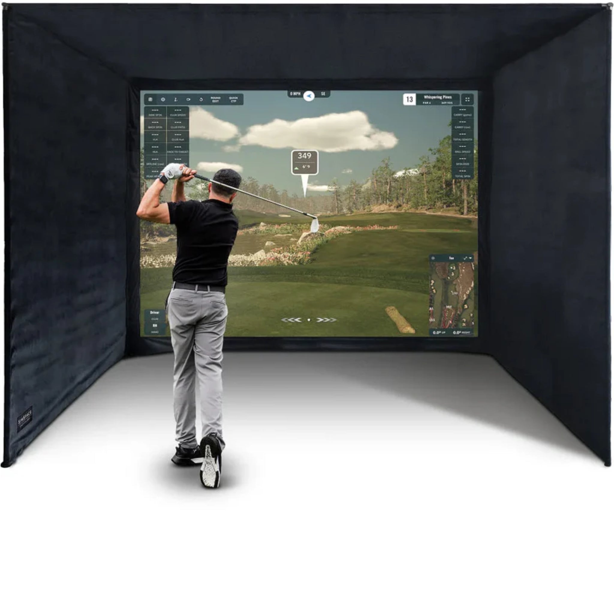 SimSpace Elite golf enclosure SIM 6 with large 4:3 impact screen for commercial and home golf simulators