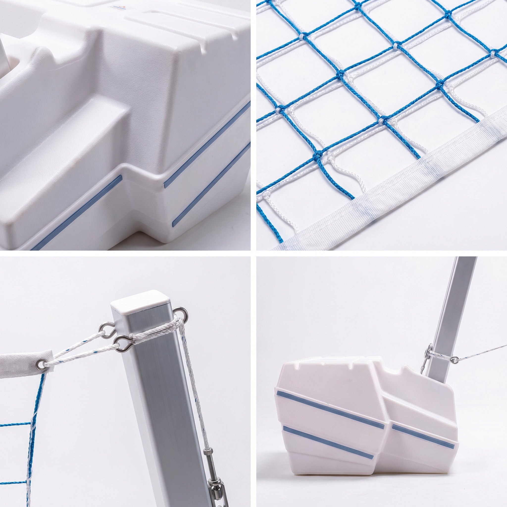 Collage of close-up details of a white slam volley goal with blue netting on a light gray background.