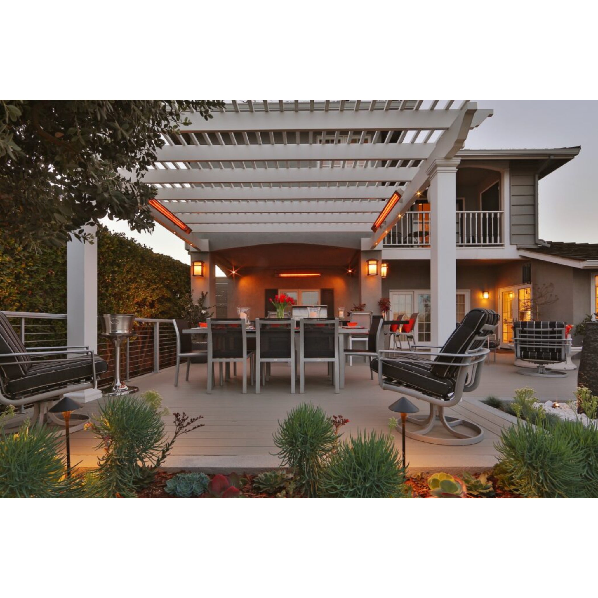 Infratech SL Series slimline infrared electric patio heater mounted on covered outdoor patio