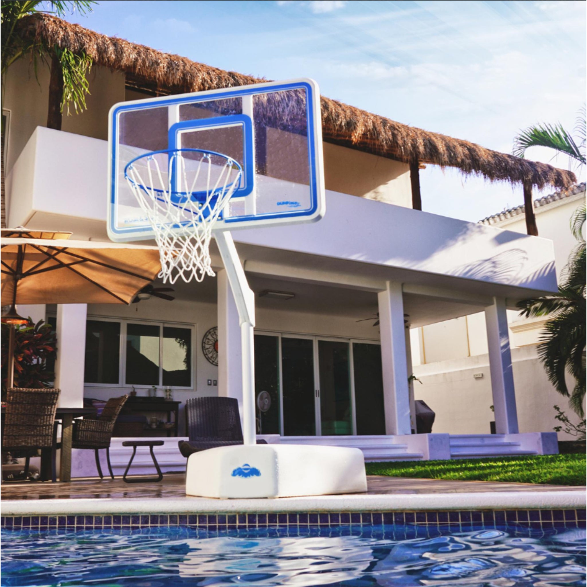 Splash & Shoot pool basketball system showing adjustable rim height and vinyl-coated rim