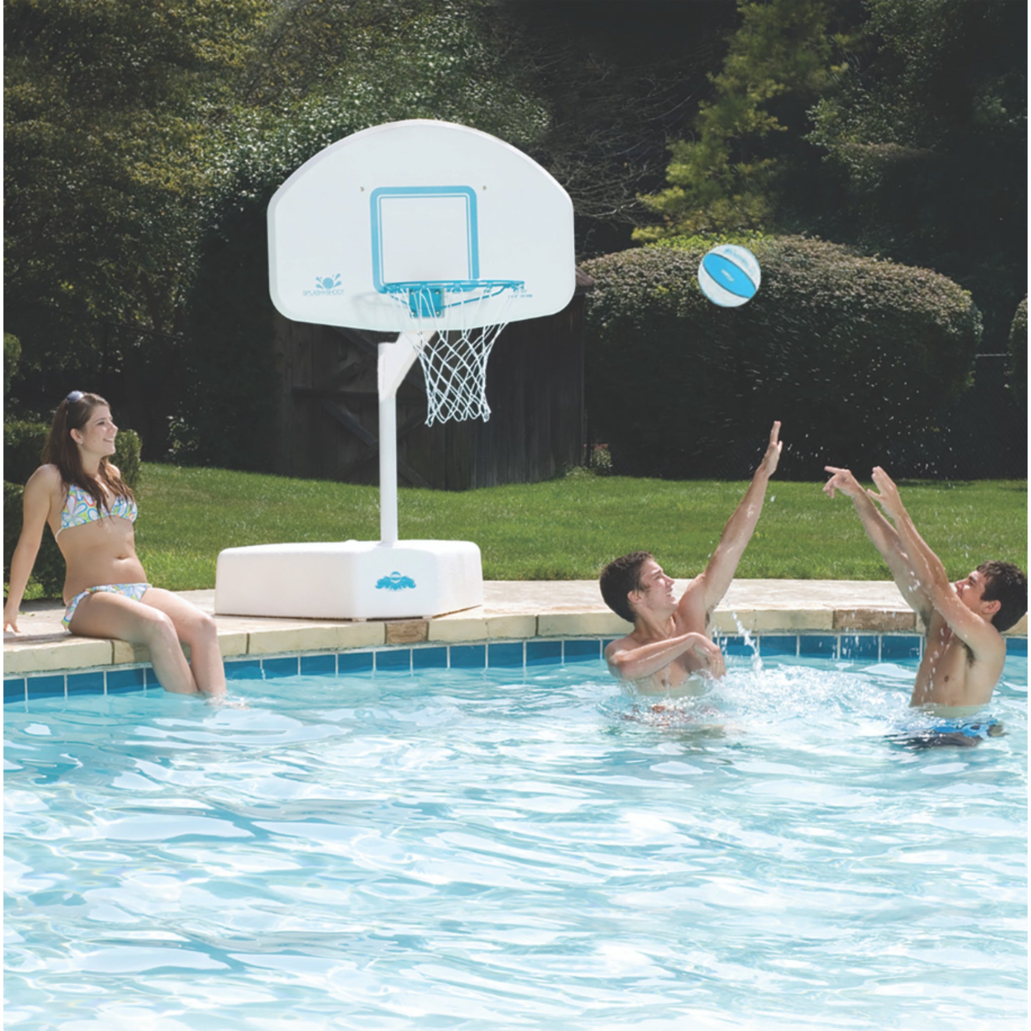 Poolside basketball hoop with clear backboard and waterproof color-matched basketball