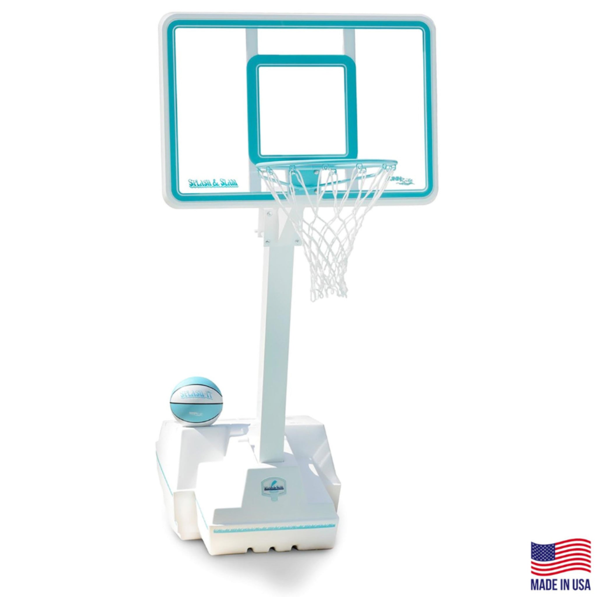 Dunn-Rite Splash & Slam poolside basketball hoop with clear acrylic backboard and water-filled base