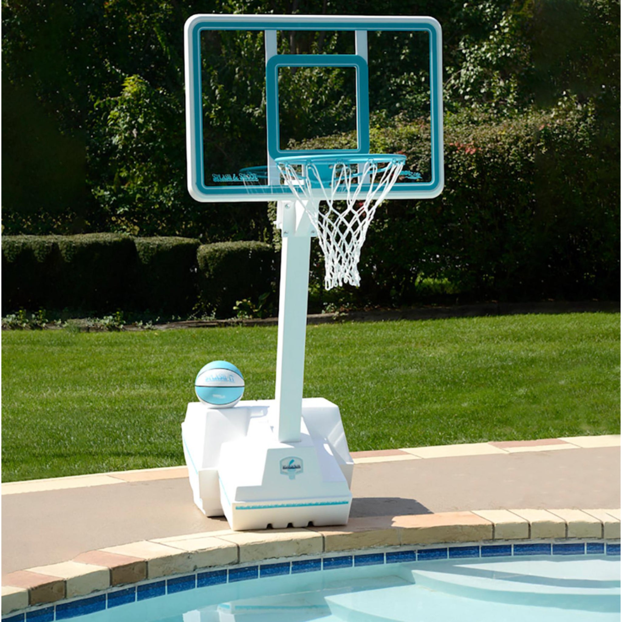 Clear acrylic backboard pool basketball hoop by Dunn-Rite with adjustable rim height