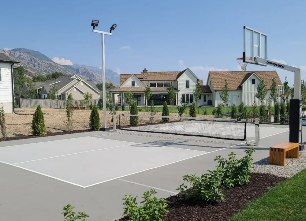 Dominator basketball hoop, pickleball net and wired sport court light.