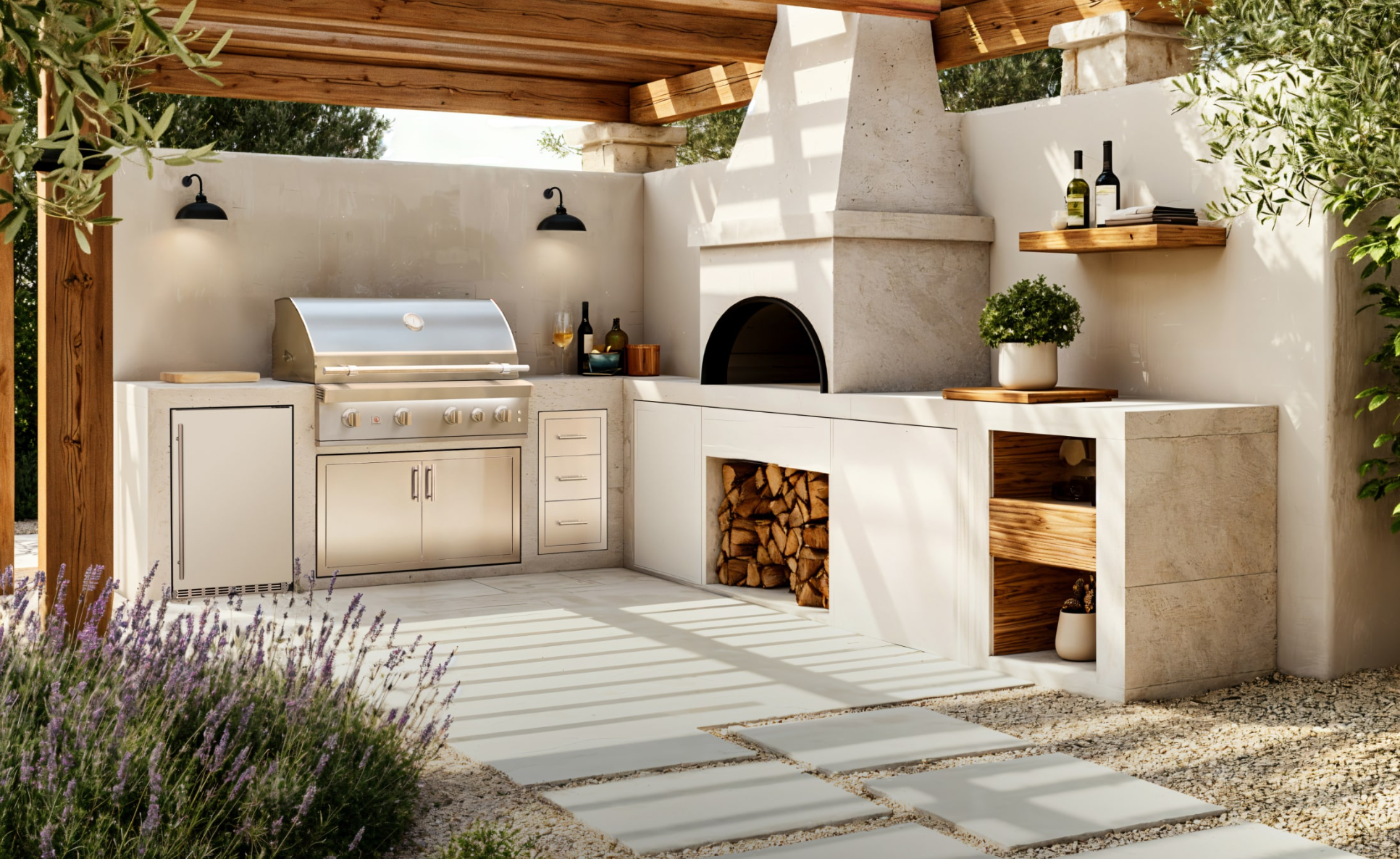 Summerset outdoor kitchen with grill, oven, and cabinets in a backyard garden setting