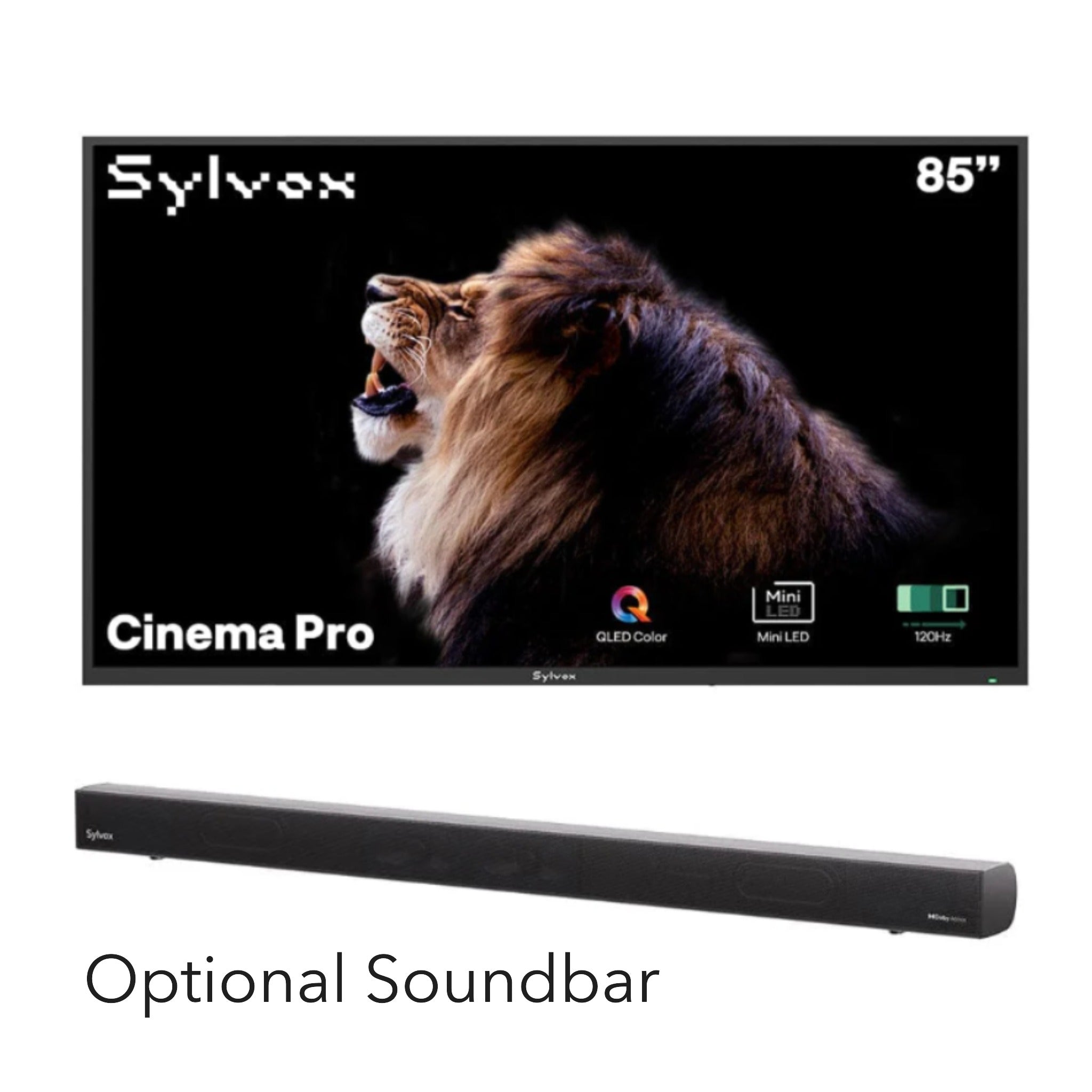 Sylvox Cinema Pro 85" Outdoor TV with an optional soundbar on a white background