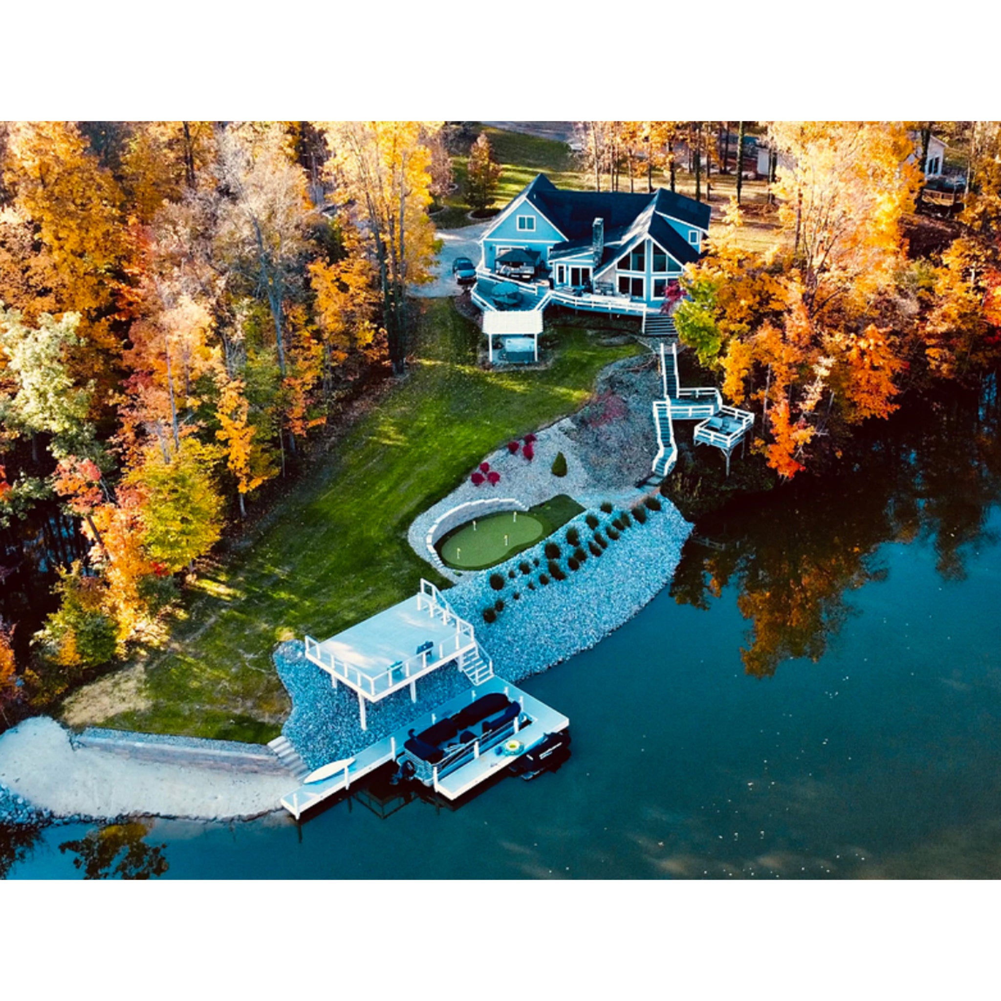 The Monterey Outdoor Putting Green, DIY Kit 18 feet by 28 feet, 504 sq. ft., installed lakeside lifestyle image