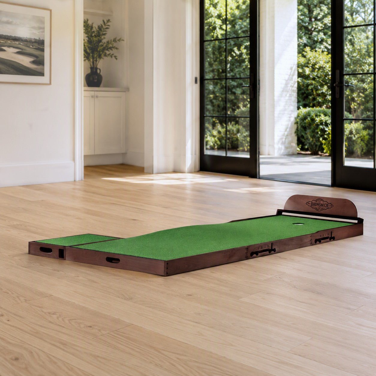 Luxury indoor putting green with hardwood base and premium turf