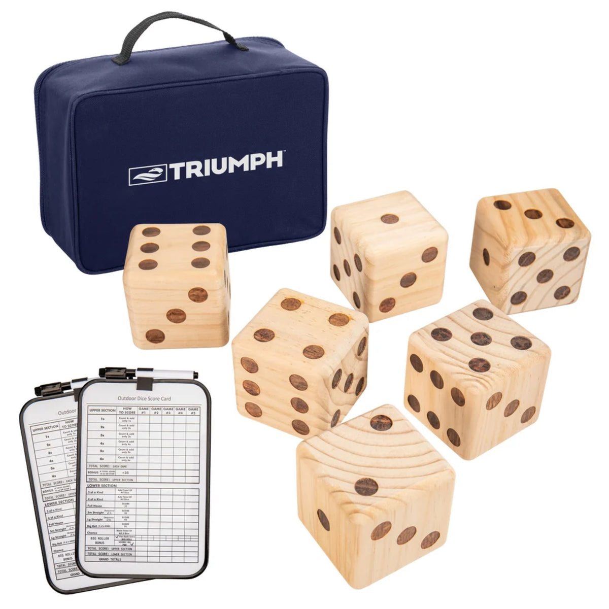 Triumph Giant Wooden Lawn Dice set with six oversized wood dice, blue carrying bag, and dry-erase scoreboards