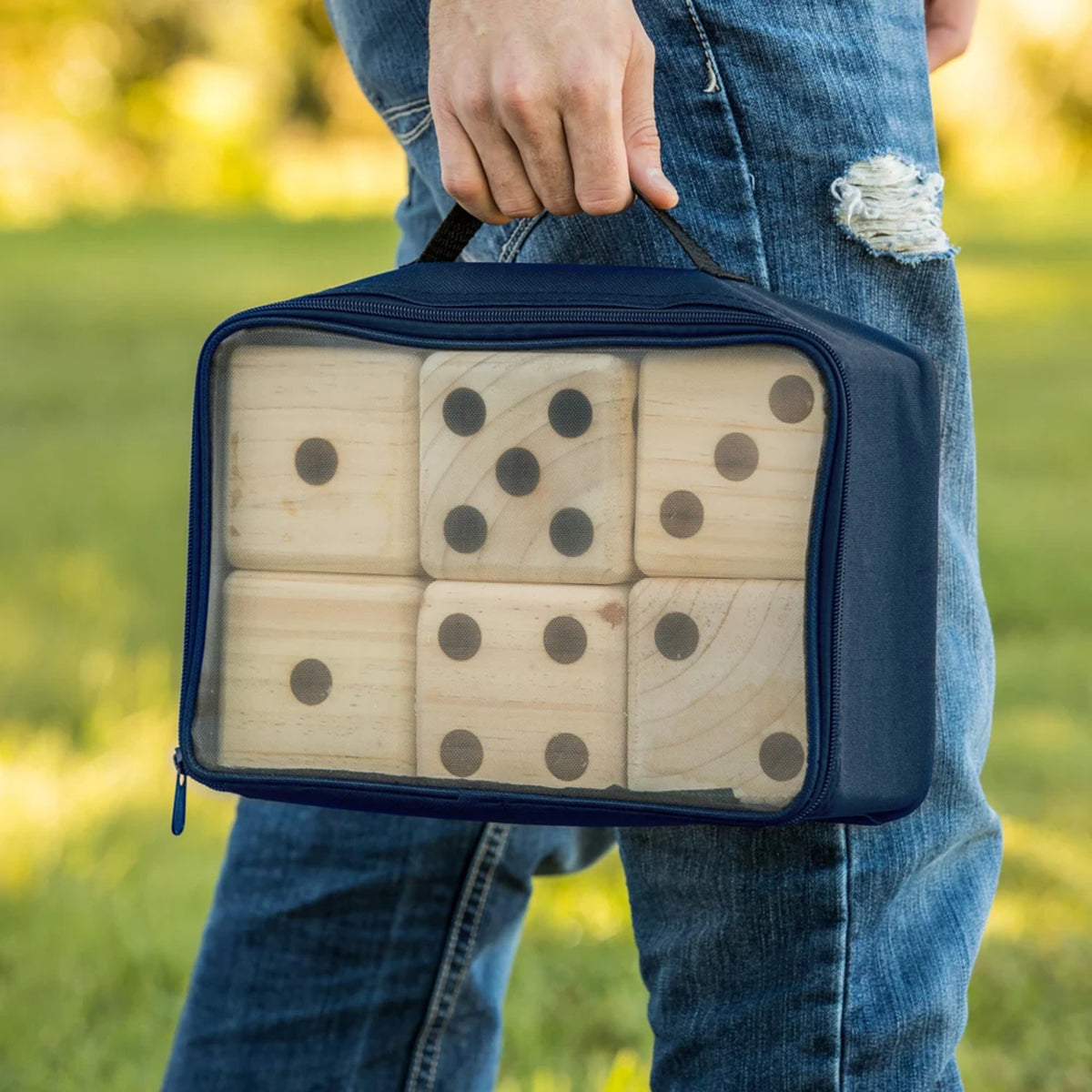 Blue Triumph zippered carrying bag for oversized wooden lawn dice and game accessories