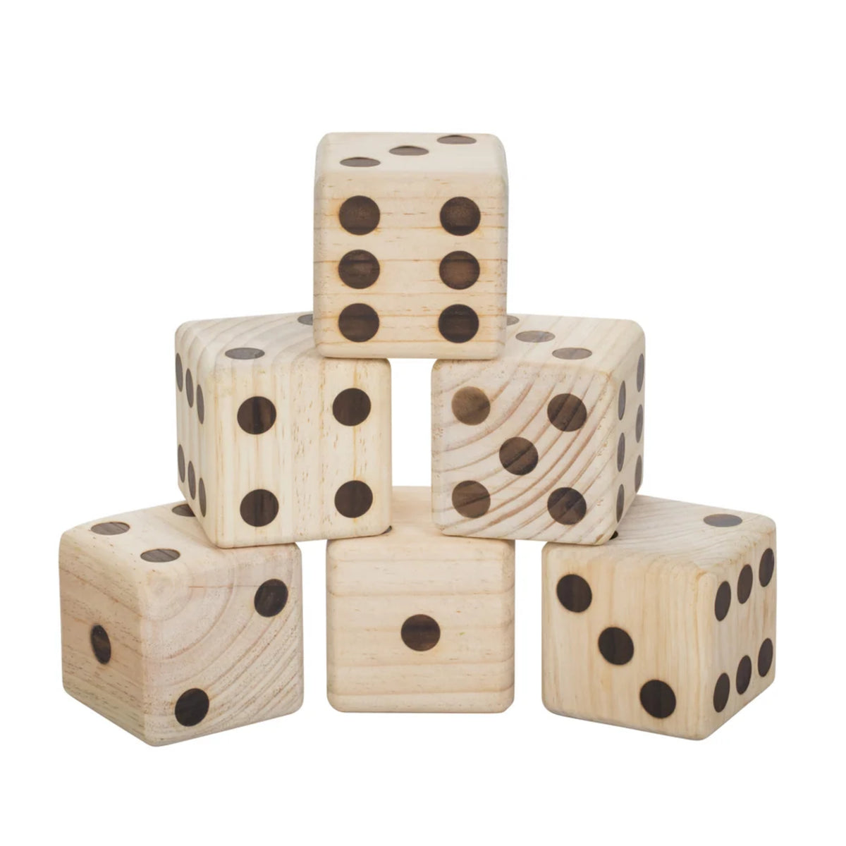 Six Triumph giant wooden dice with natural wood grain and contrasting numbered dots