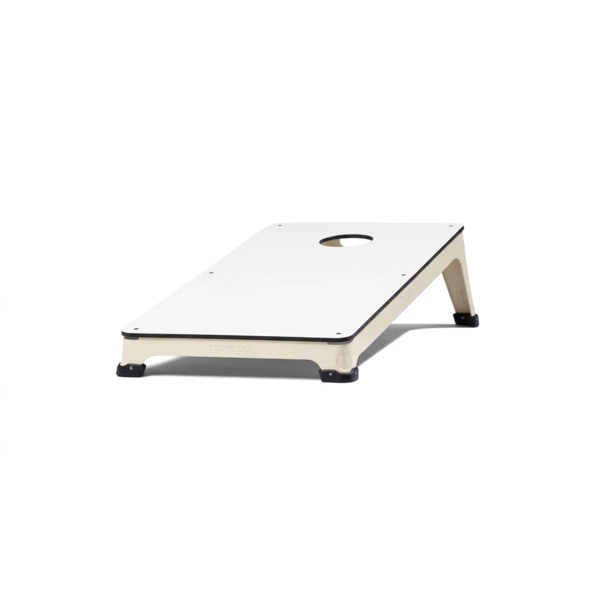 Tupelo luxury outdoor cornhole set in Warm Sand featuring premium HPL composite boards and powder-coated steel frame