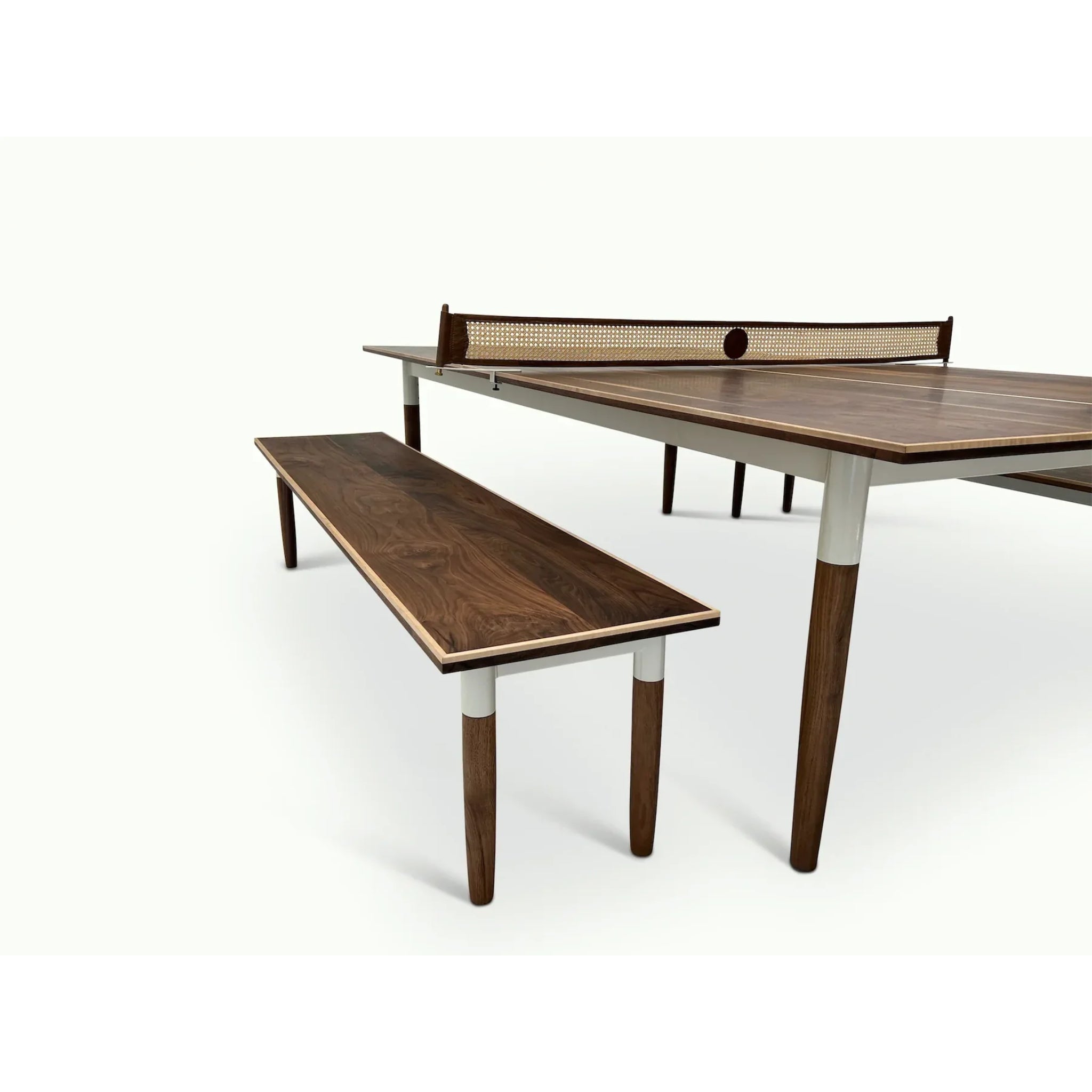 Sean Woolsey Pong Springs Ping Pong Table with Matching Bench in Walnut and White Hammer