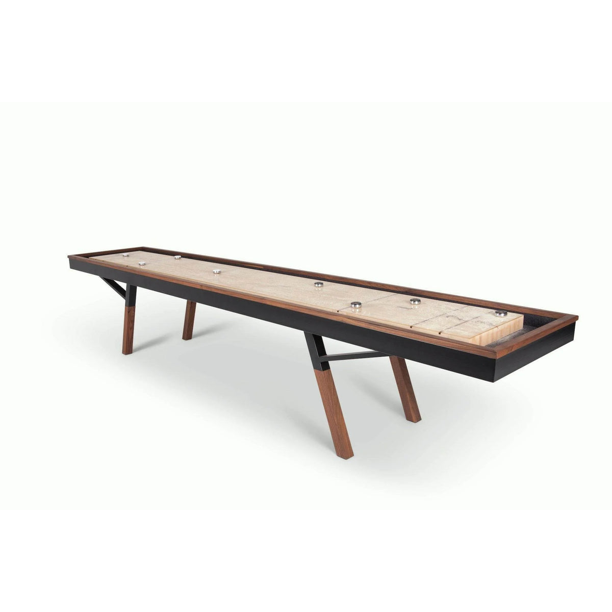 Woolsey indoor shuffleboard table in walnut with black powder coat base