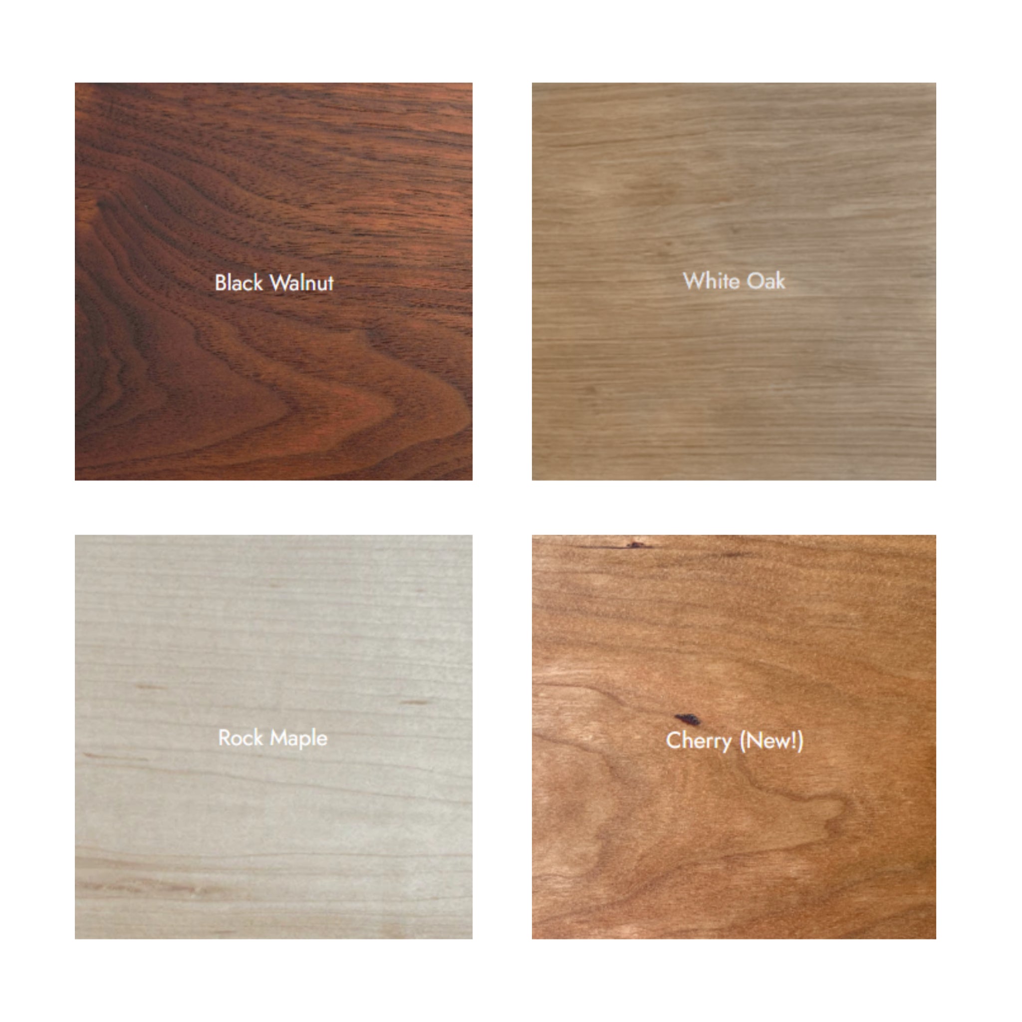 Sean Woolsey Wood Finish Options including Black Walnut, White Oak, Maple or Cherry
