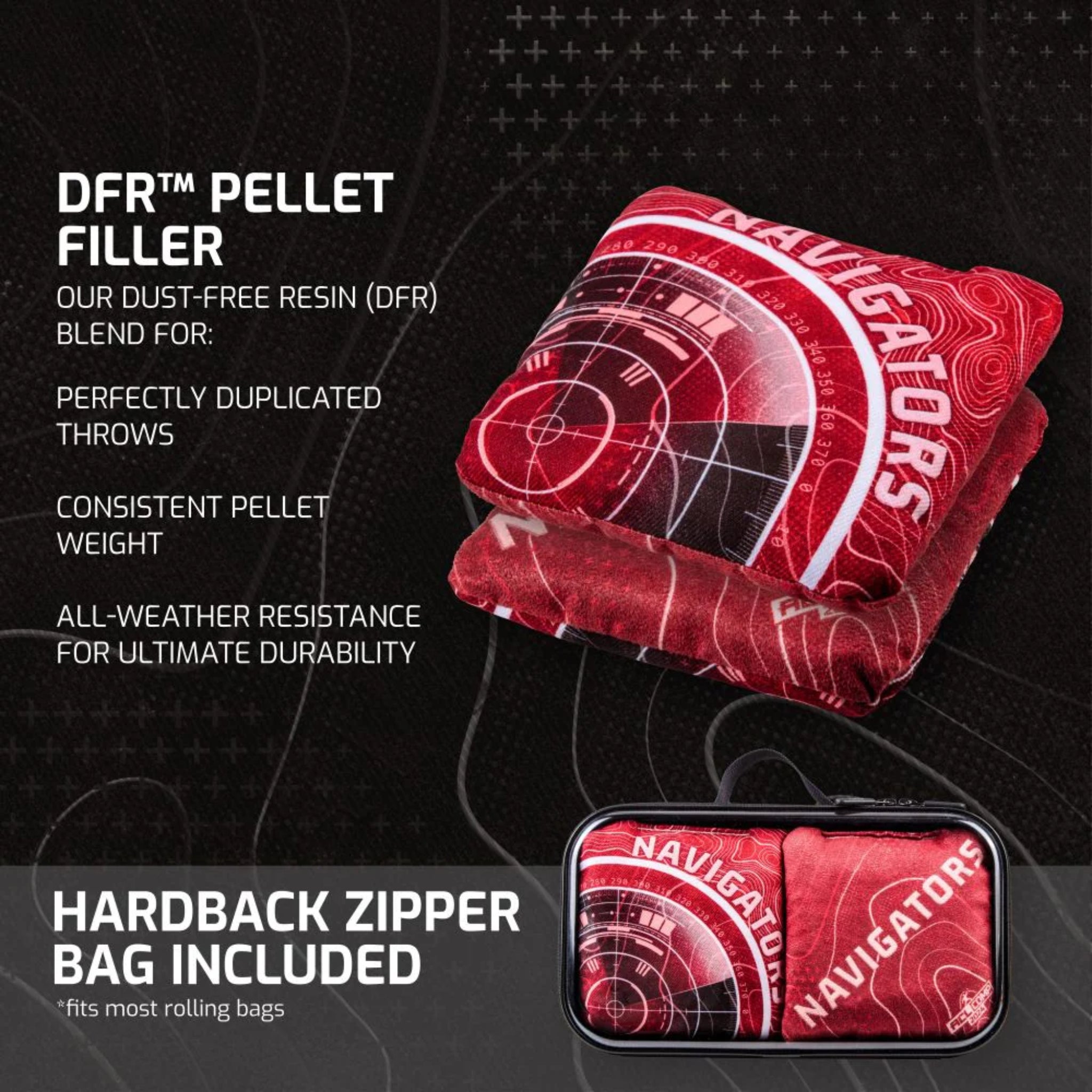red Navigator cornhole bags 4 pack with hardback zipper case