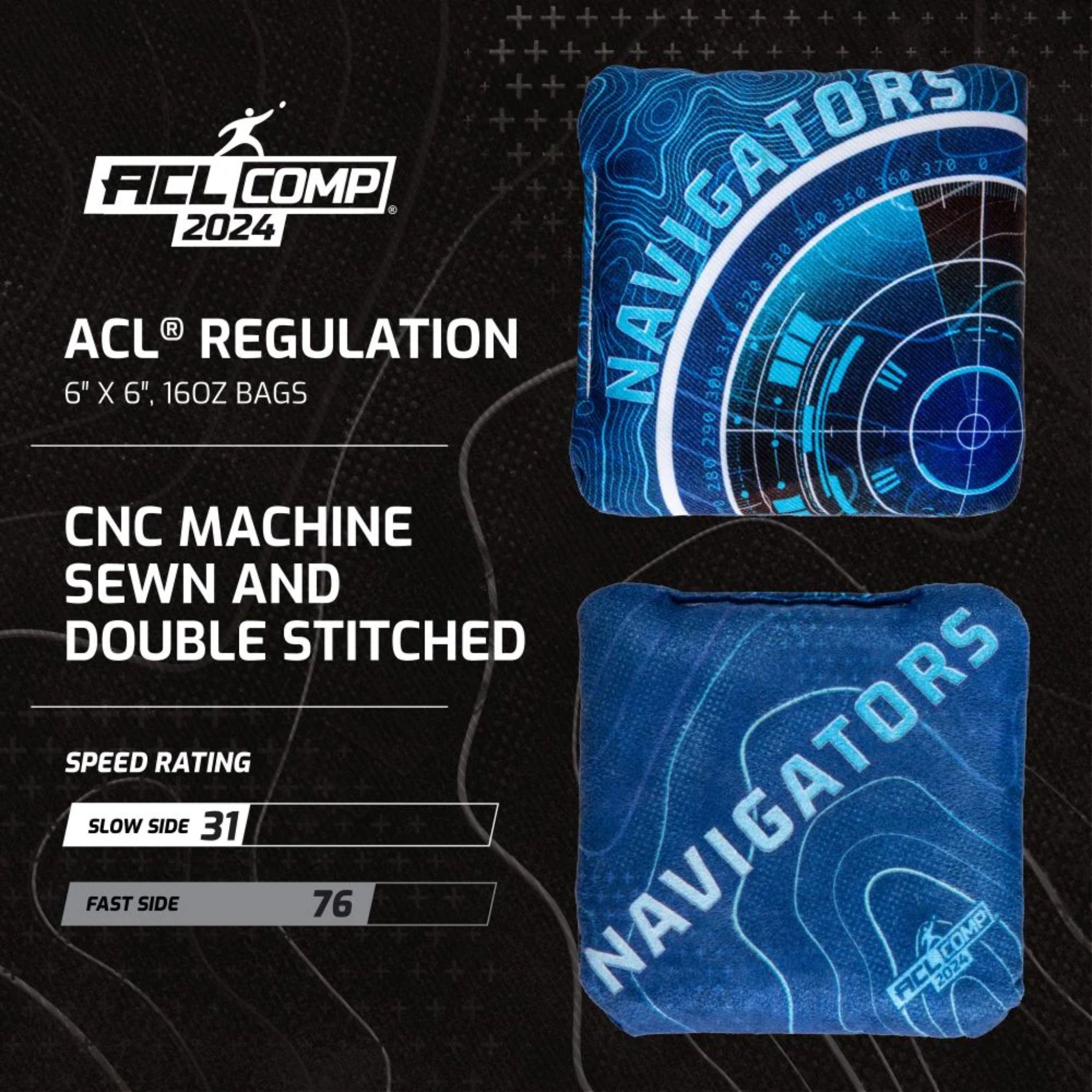 ACL Navigator cornhole bags close up showing dual fabric fast and slow sides