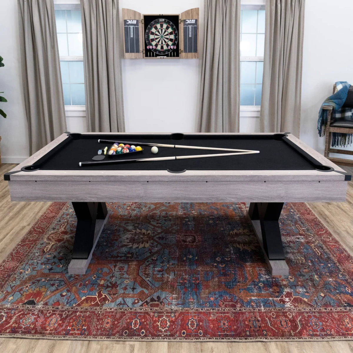 Kirkwood billiard table with distinctive K-shaped legs and engineered wood construction for home game rooms