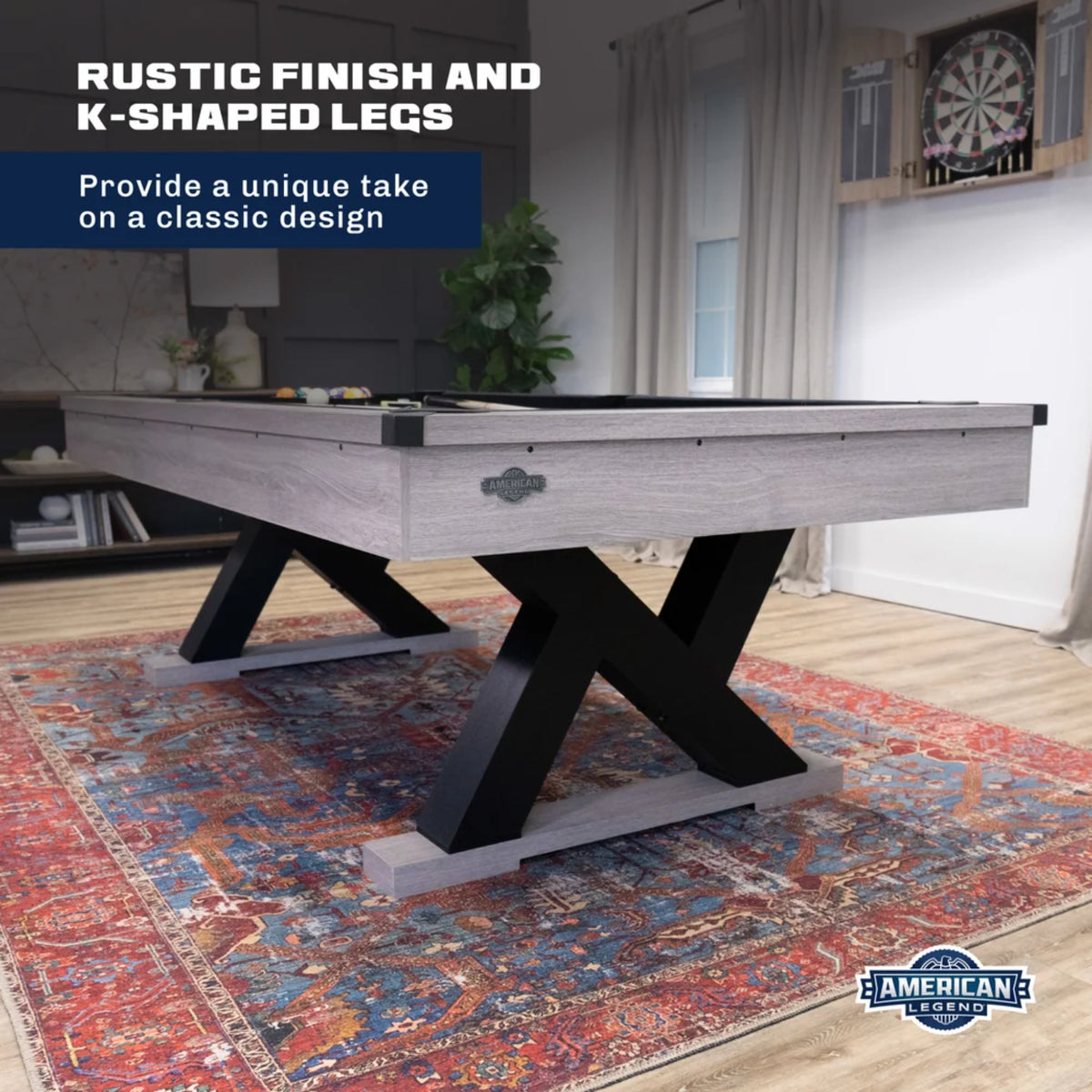 American Legend Kirkwood 84-inch billiard table with rustic brown wood grain finish, royal blue felt, and K-shaped legs
