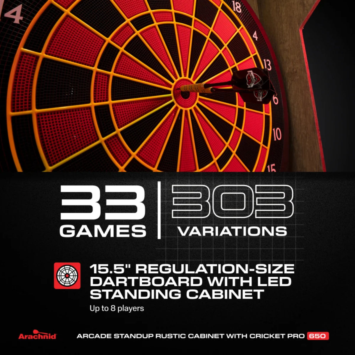 Arachnid Cricket Pro 650 electronic dartboard featuring 33 games and 303 game variations