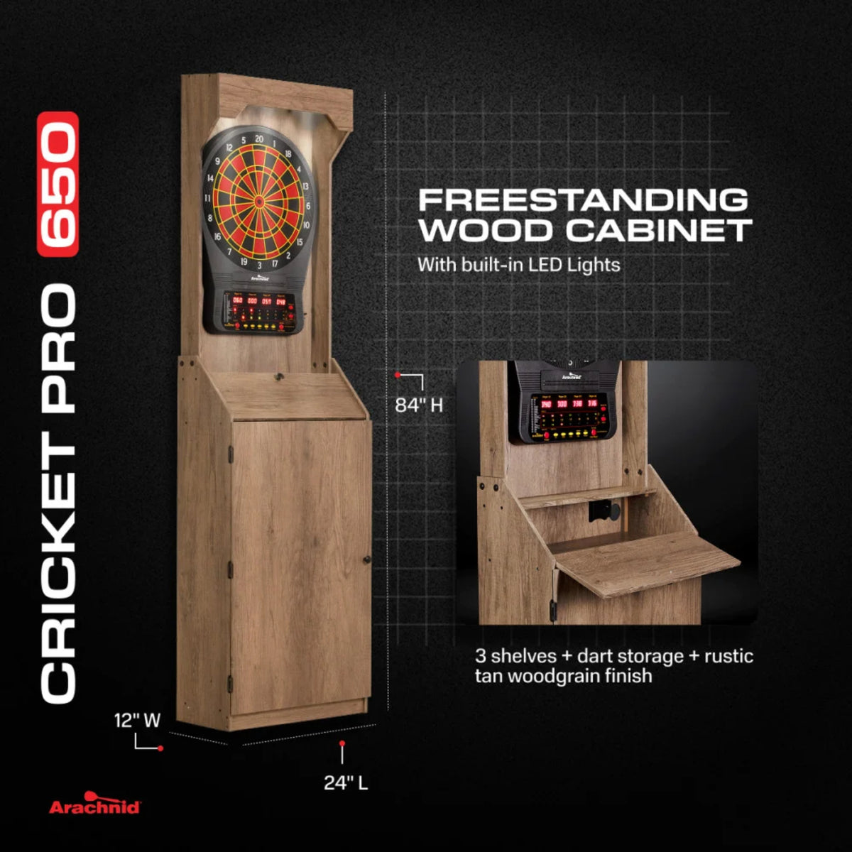 Arachnid LED arcade dartboard cabinet with rustic wood finish and built-in storage compartments