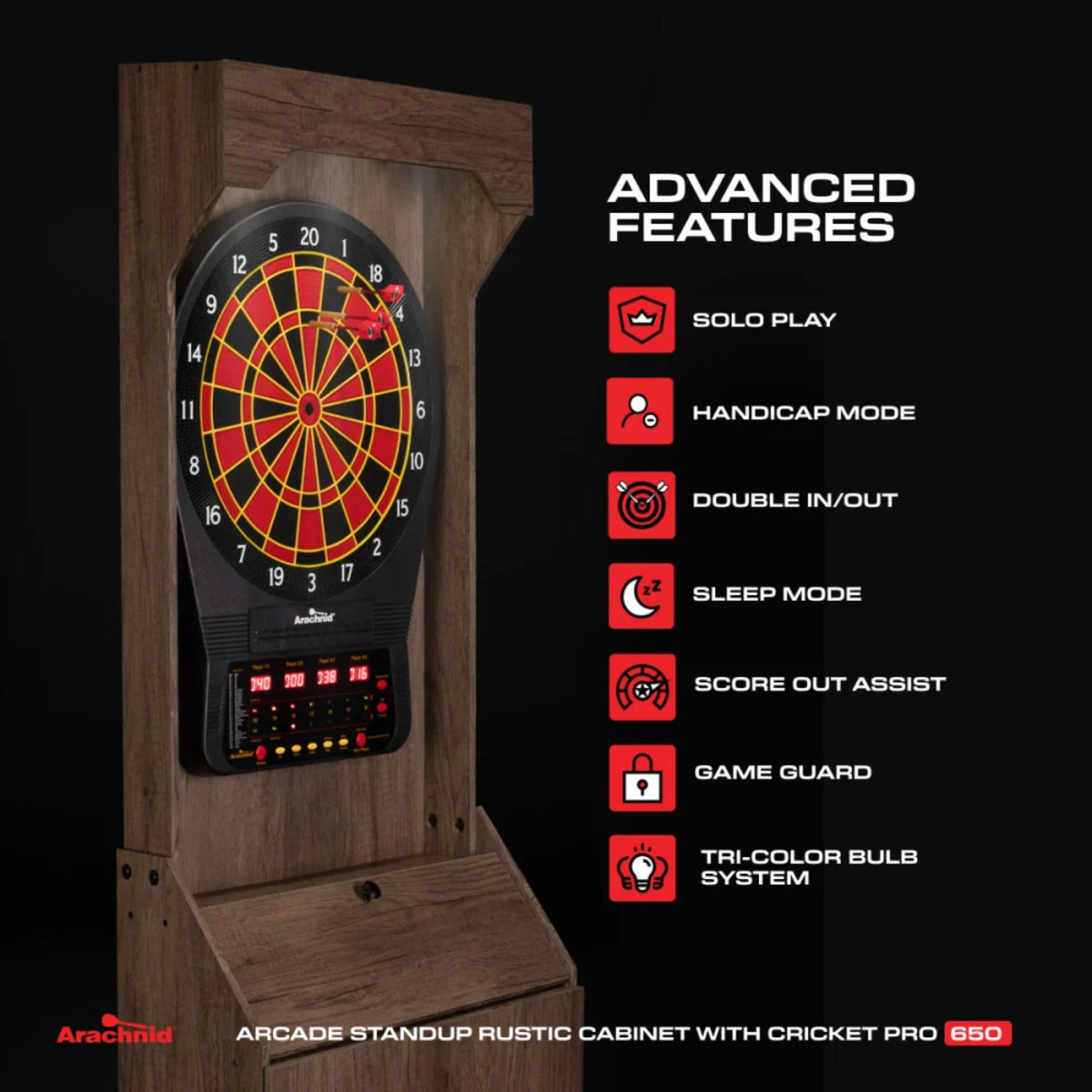 Arachnid Cricket Pro 650 stand-up arcade cabinet with integrated LED lighting and electronic scoring