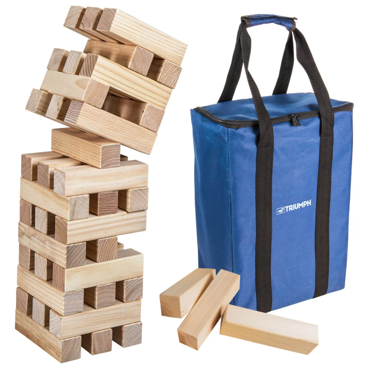 Triumph Giant Wooden Tumble Tower with 51 natural wood stacking blocks and blue carrying bag