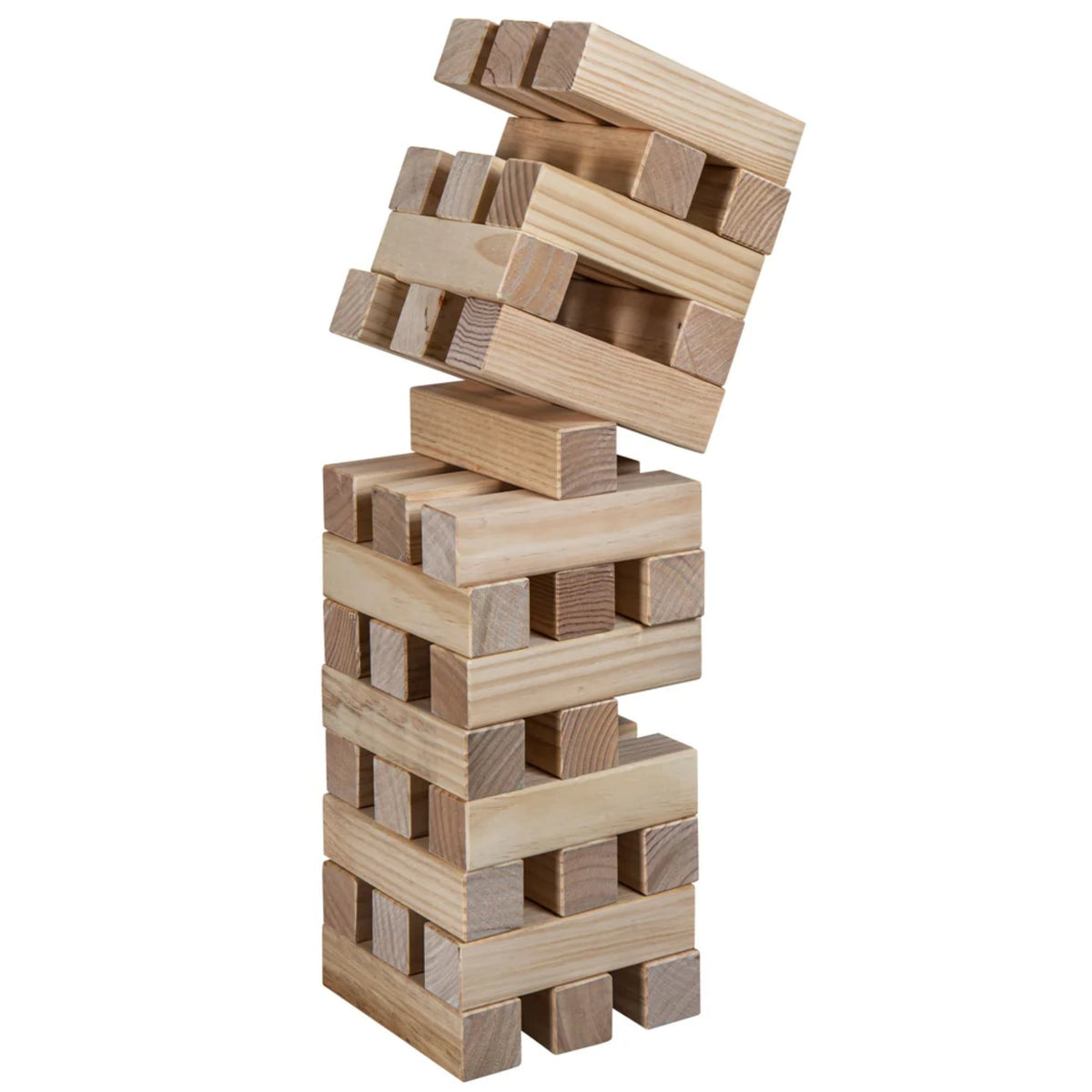 Triumph oversized wooden tumble tower game with blocks tipping during play