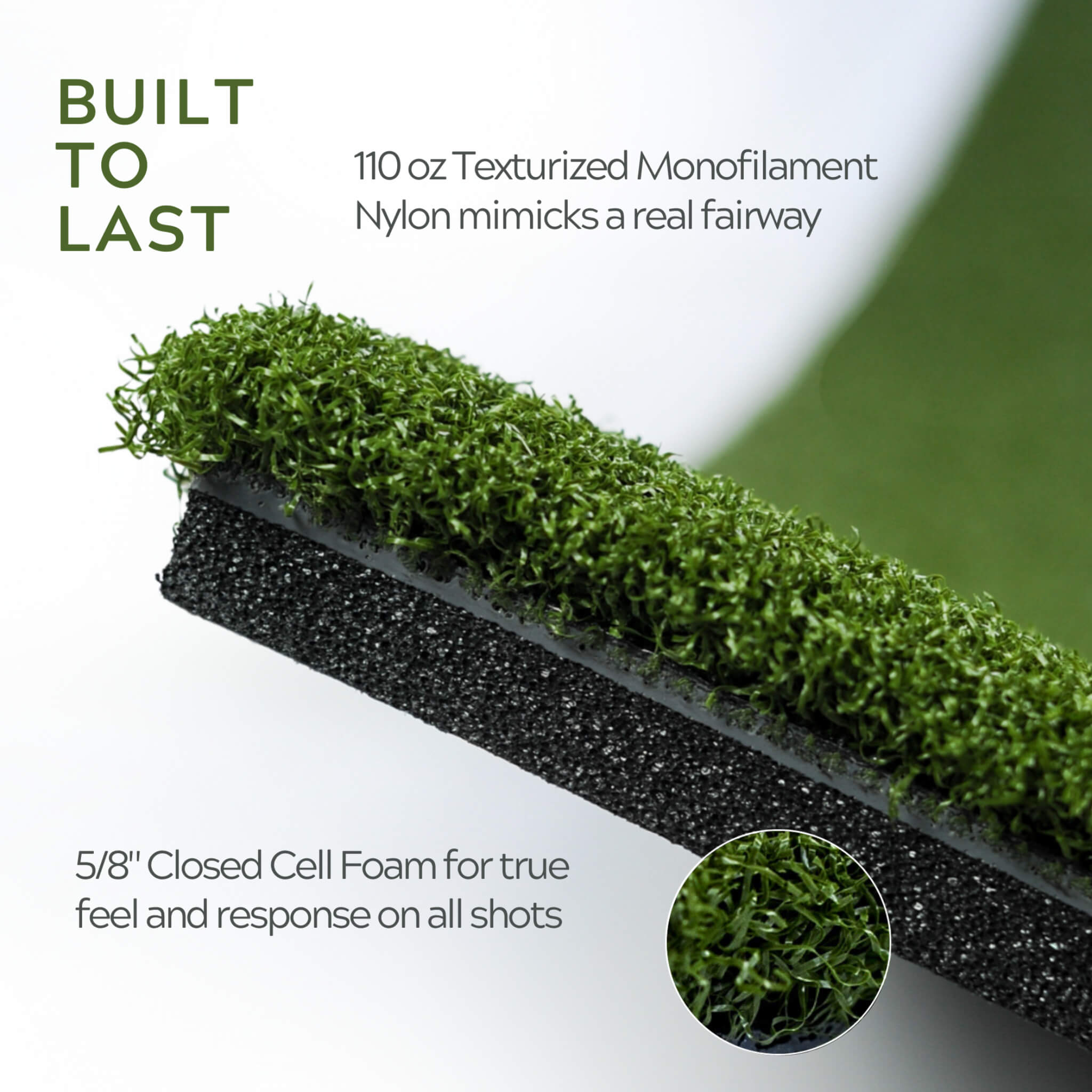 Country Club Elite golf hitting mat material detail, dense monofilament nylon turf over 5/8 inch foam built to hold up under repeated use