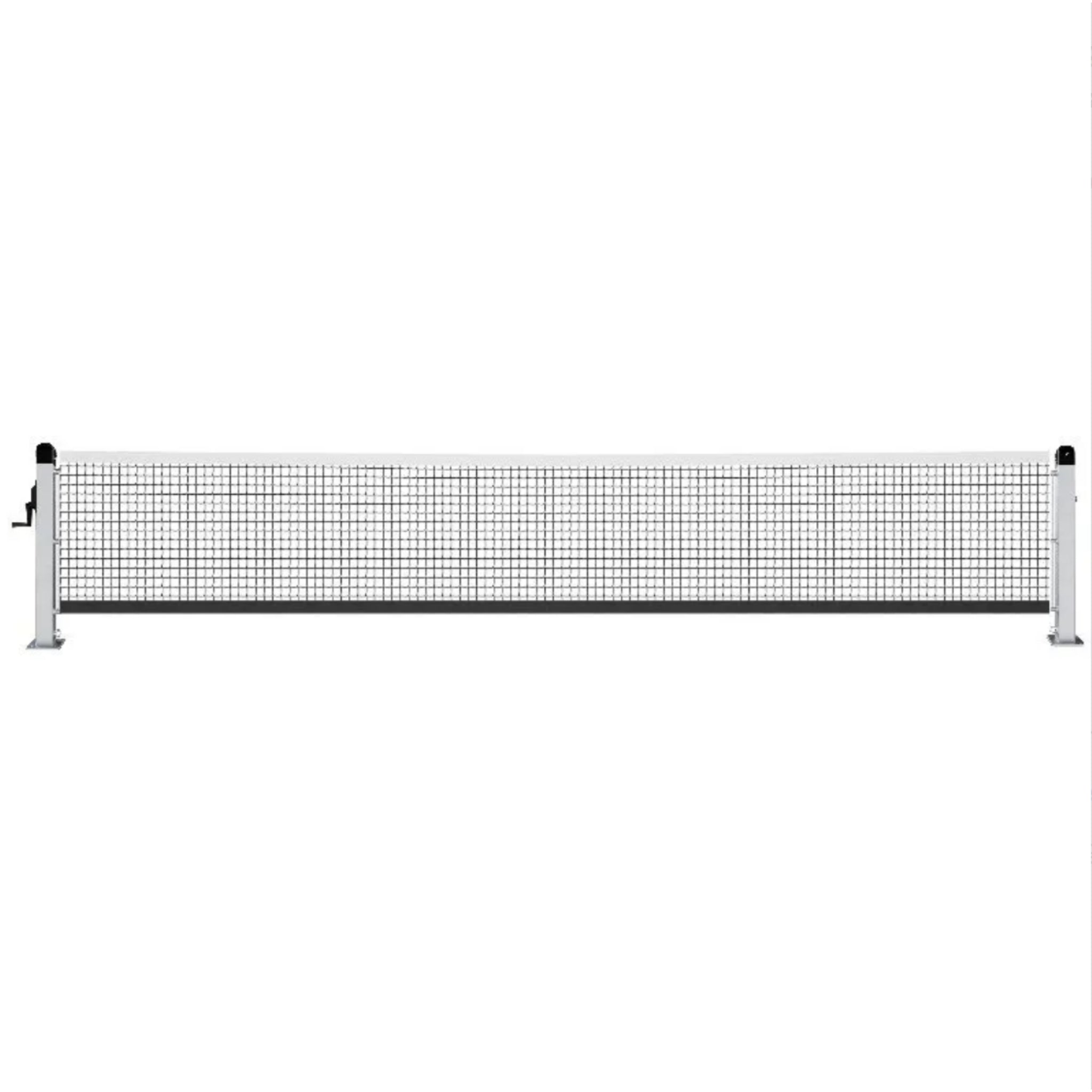 Heavy-duty Dominator Surface Mount Pickleball Net & Posts System in silver aluminum, featuring a 22-foot USAP regulation net with 36-inch end posts and 34-inch center height, SKU SPB-SM2.