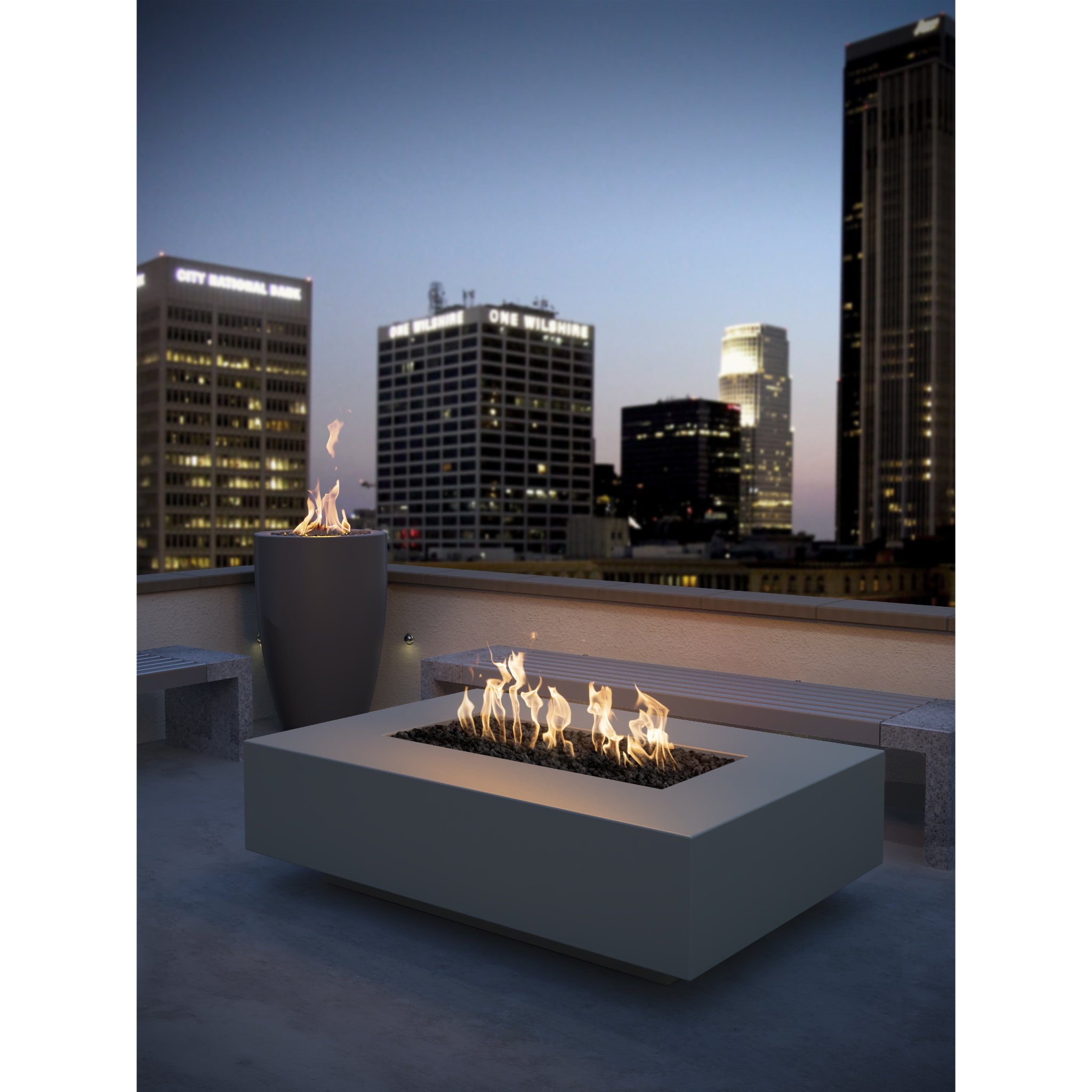 Cabo Linear Fire Pit, Chestnut finish at Night