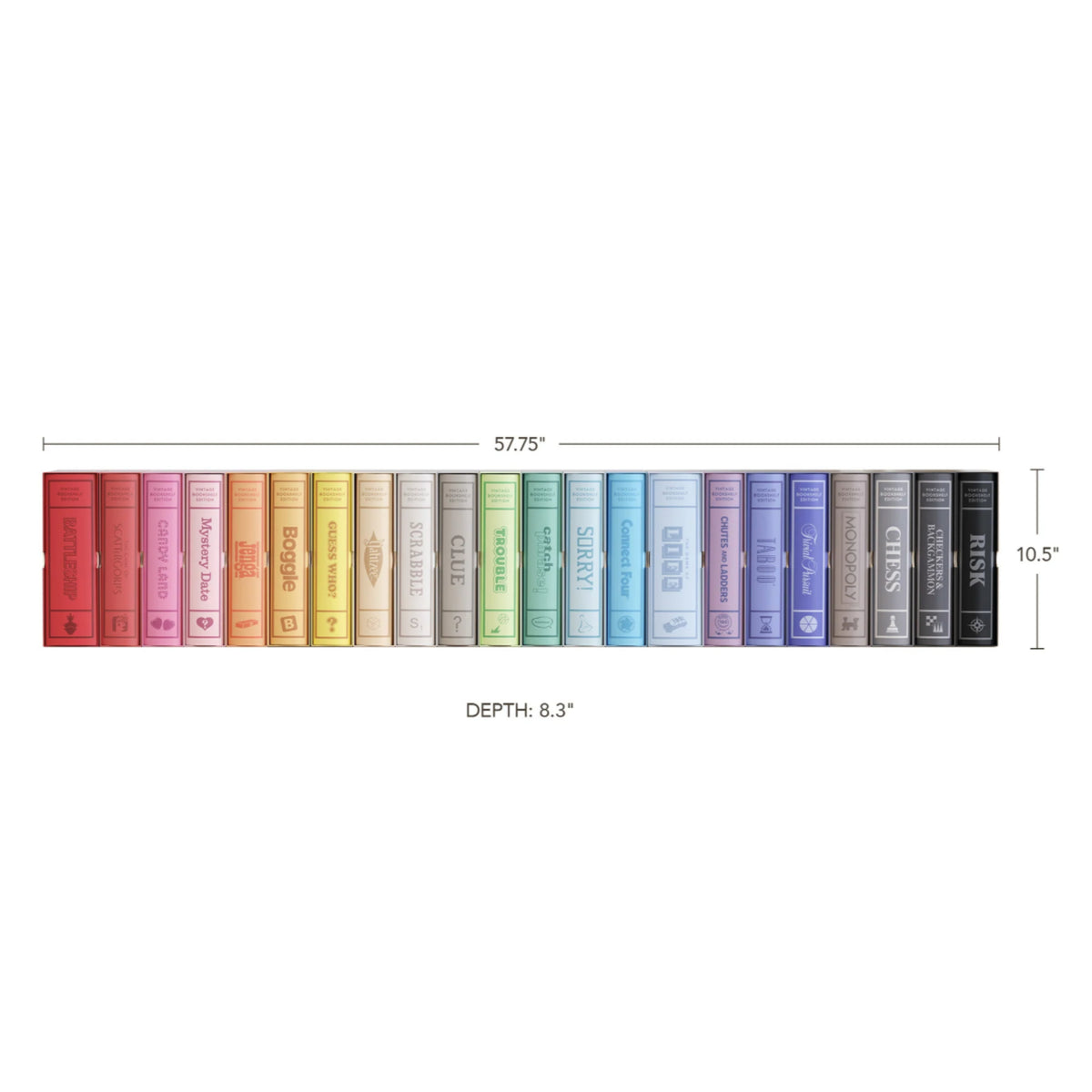 Vintage Bookshelf Games Collection dimensions - 57.75 inches wide, 10.5 inches tall, 8.3 inches deep board game book set size chart
